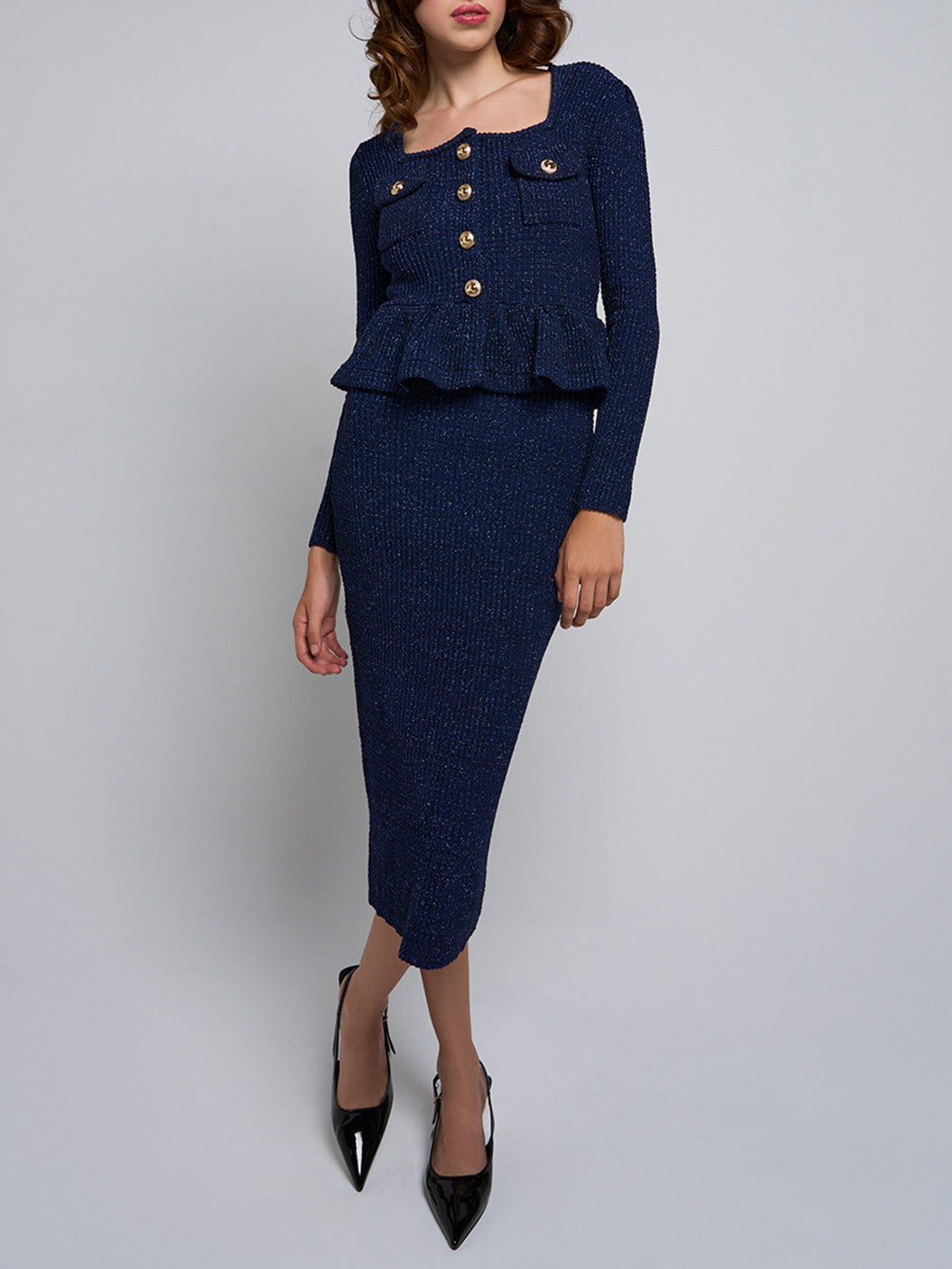 Hyasinth Peplum Round Collar Midi Dress
