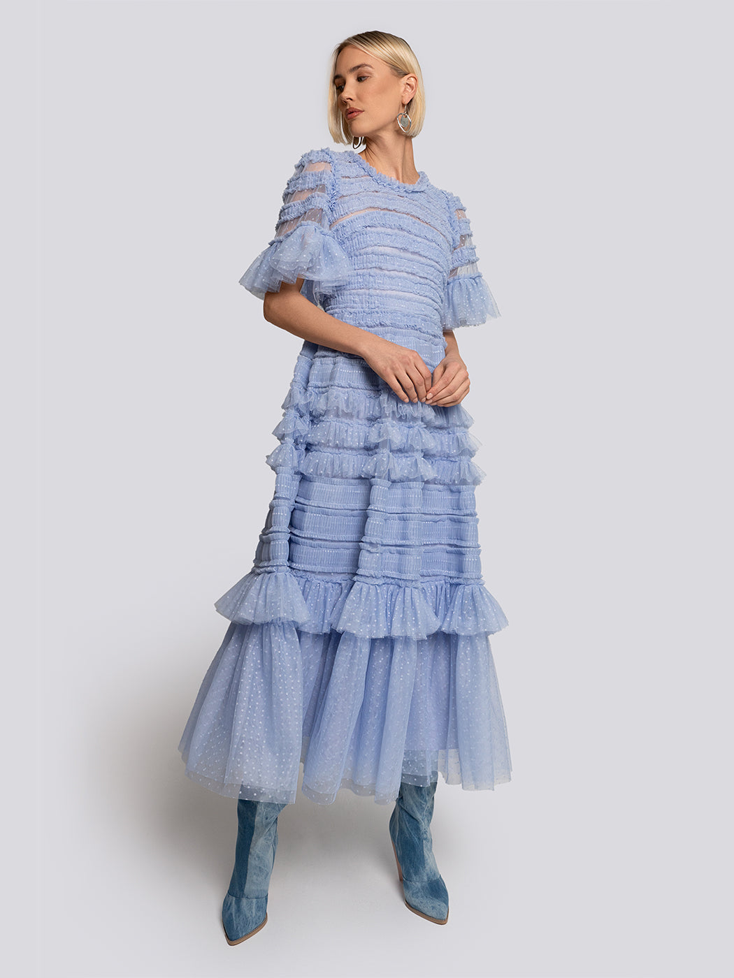 Harper Flutter Sleeve Tiered Midi Dress