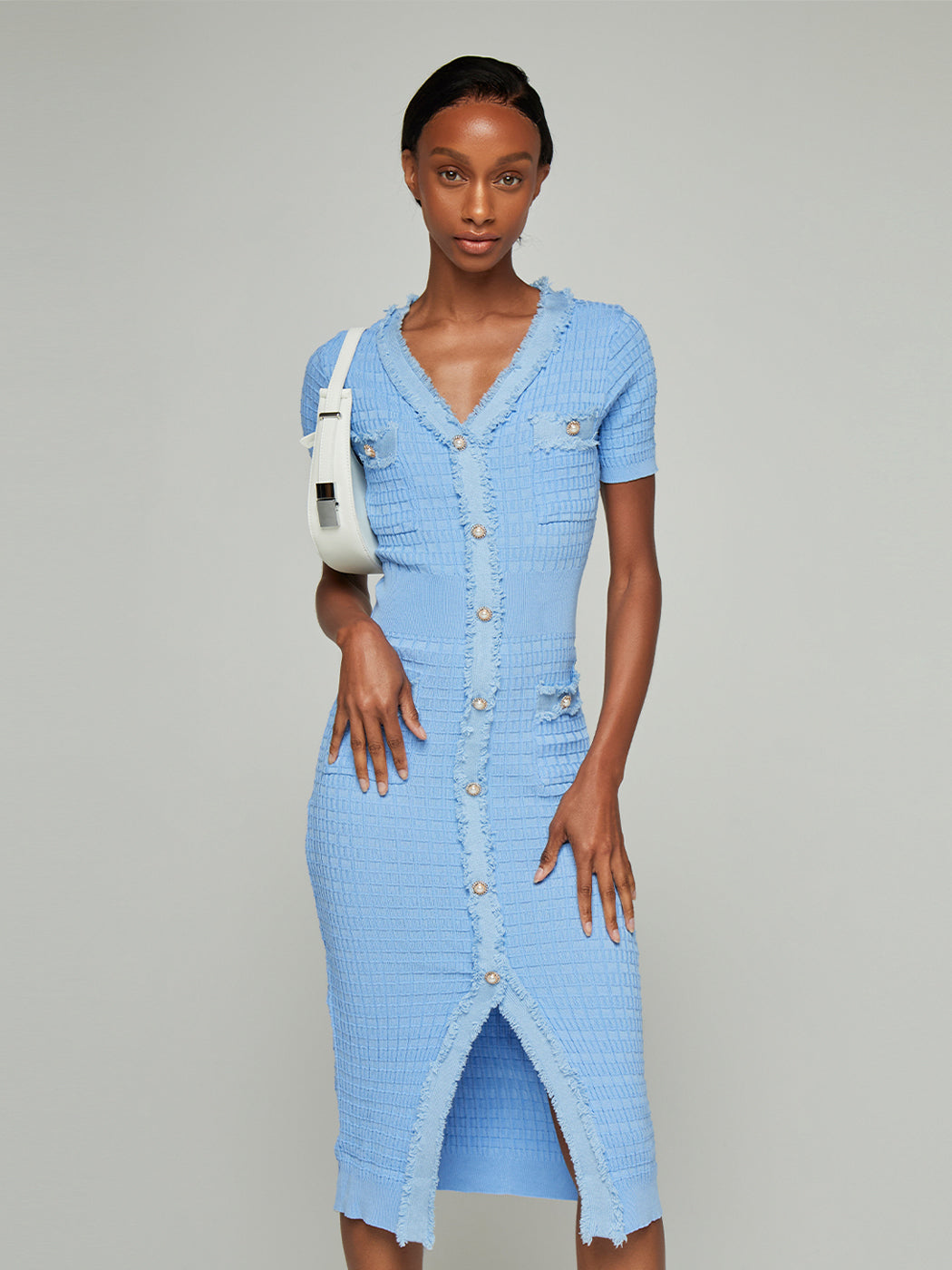Meghan Patchwork Buttoned Slit Midi Dress