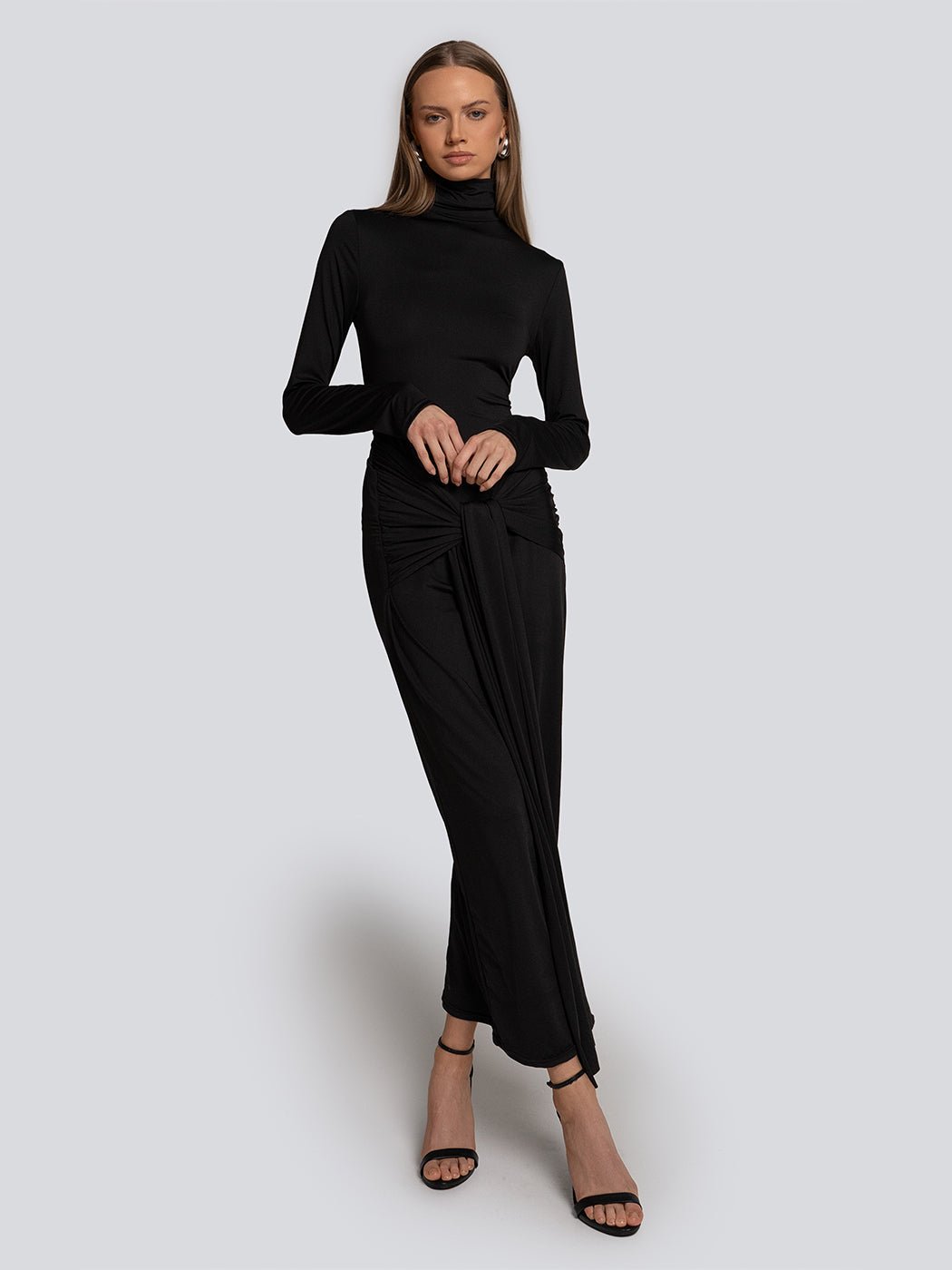 Abigail Gathered Long Sleeve Turtleneck Maxi Dress - Glory Connection