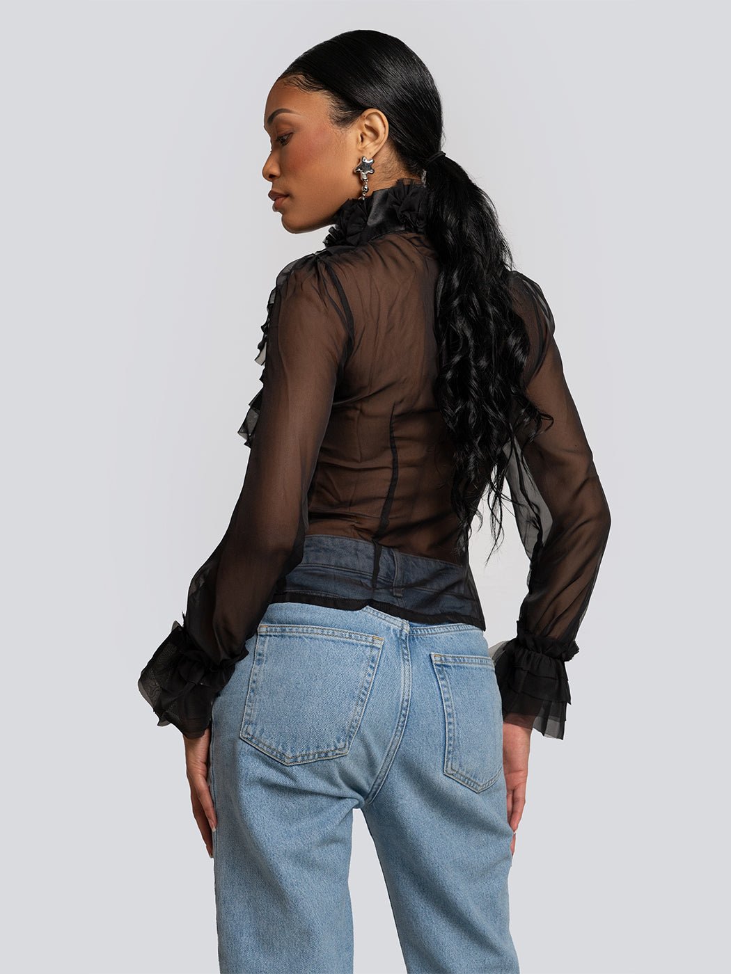 Addison Sheer Ruffle Cascade High Neck Blouse - Glory Connection