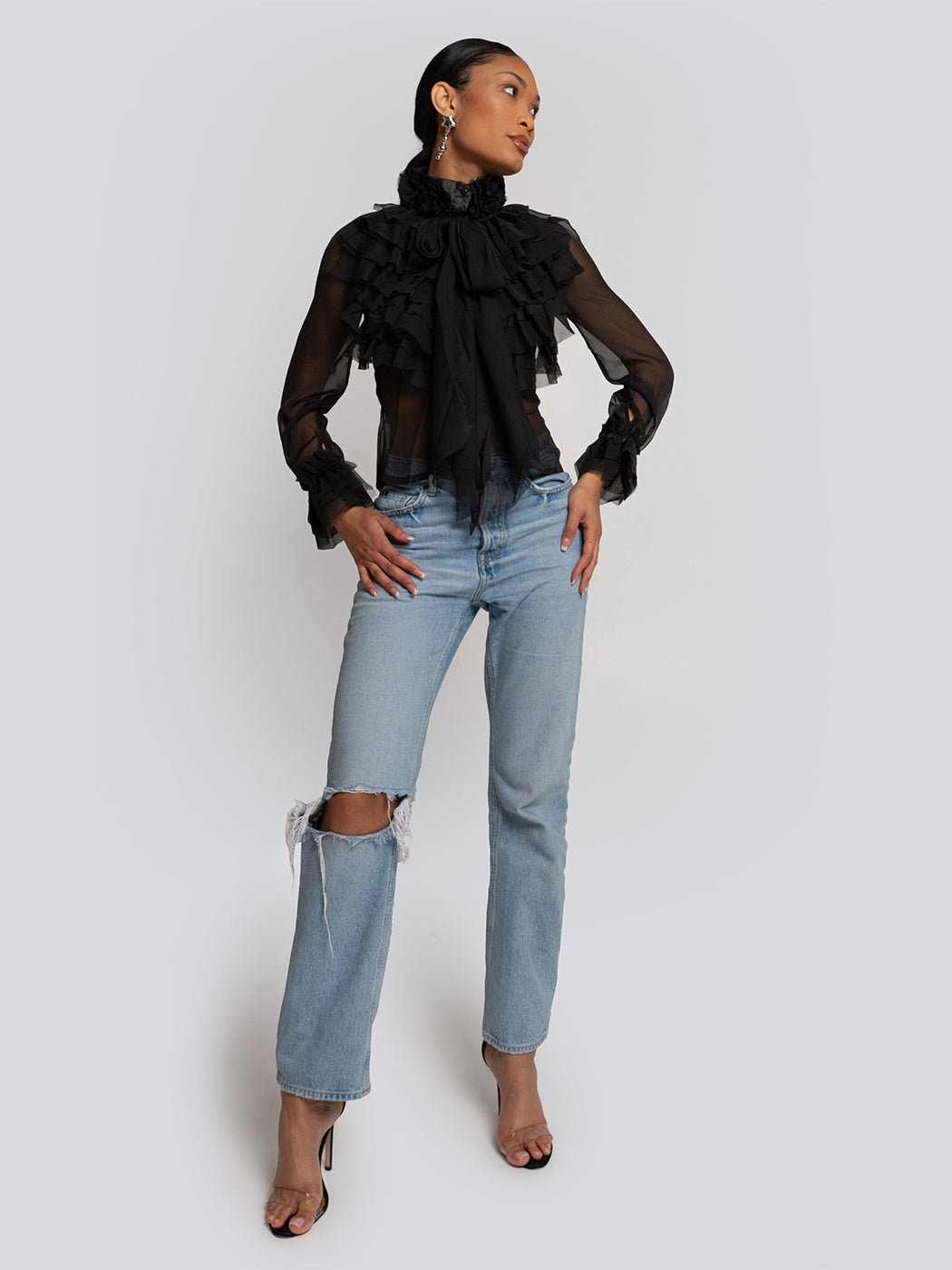 Addison Sheer Ruffle Cascade High Neck Blouse - Glory Connection