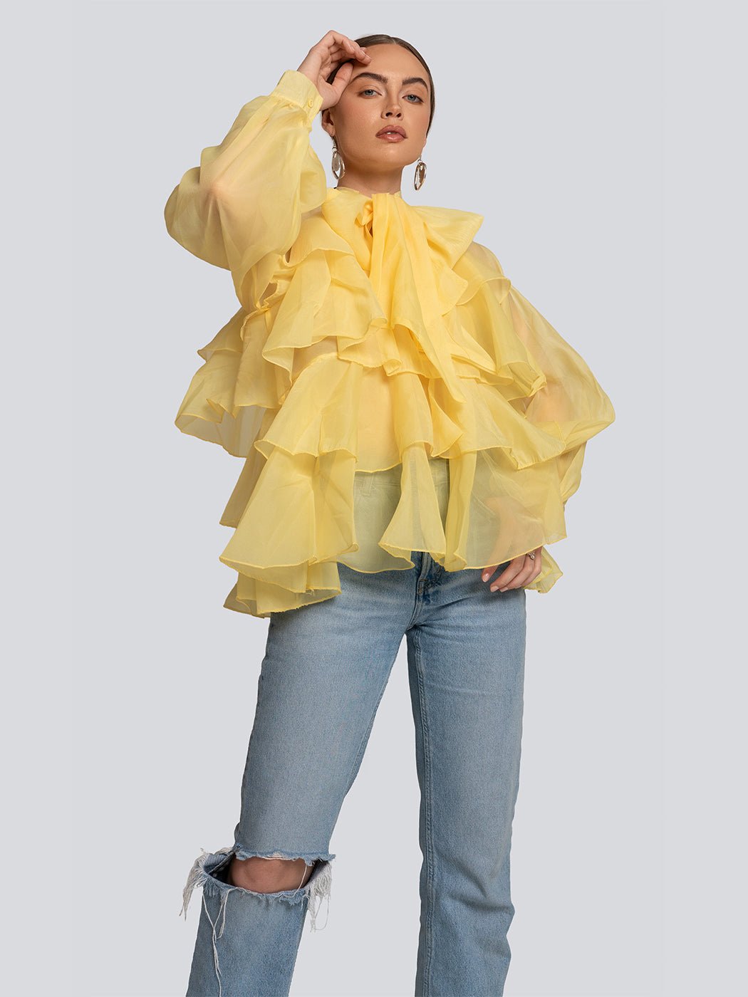 Alexa Ruffle Layered Bow Detail Sheer Blouse - Glory Connection