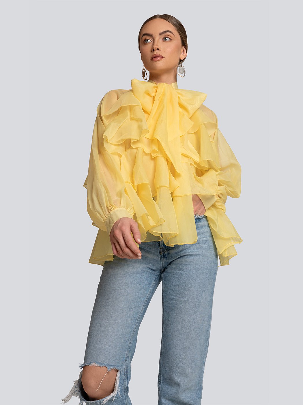 Alexa Ruffle Layered Bow Detail Sheer Blouse - Glory Connection