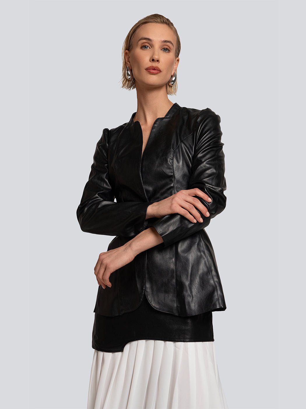 Amanda Buttoned Sculpted Silhouette Leather Blazer - Glory Connection