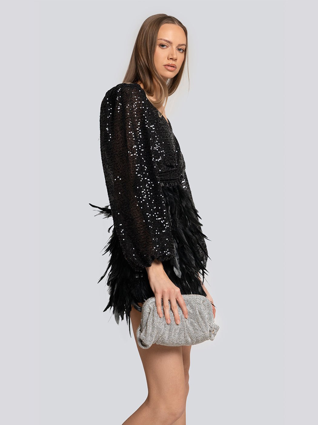 Amelia Sequin Feather Trim Long Sleeve Mini Dress - Glory Connection