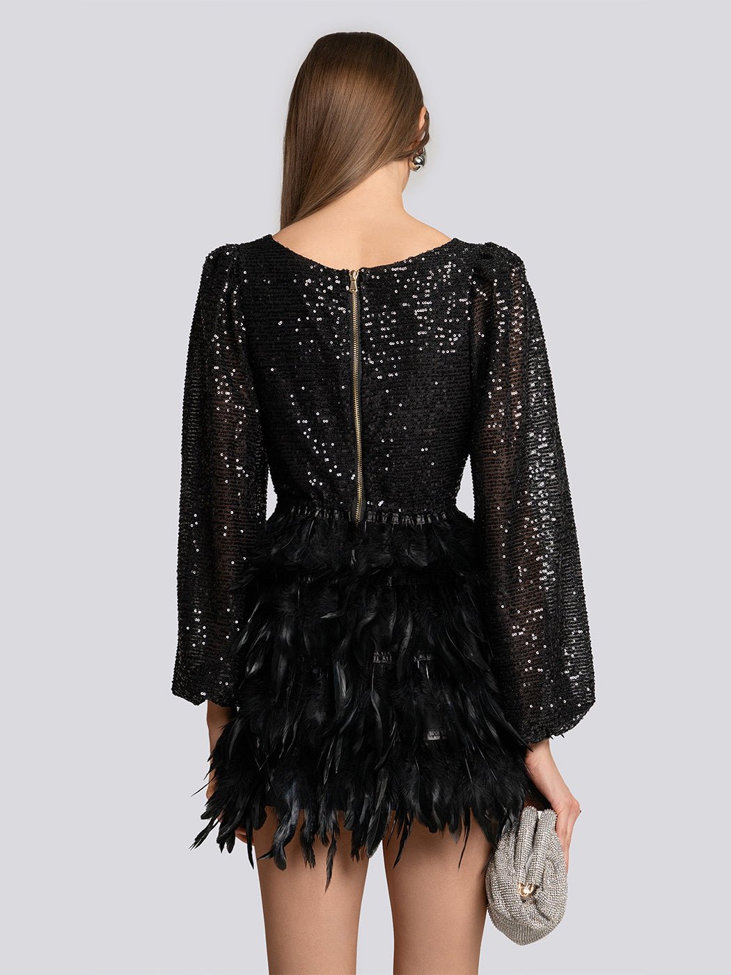 Amelia Sequin Feather Trim Long Sleeve Mini Dress - Glory Connection