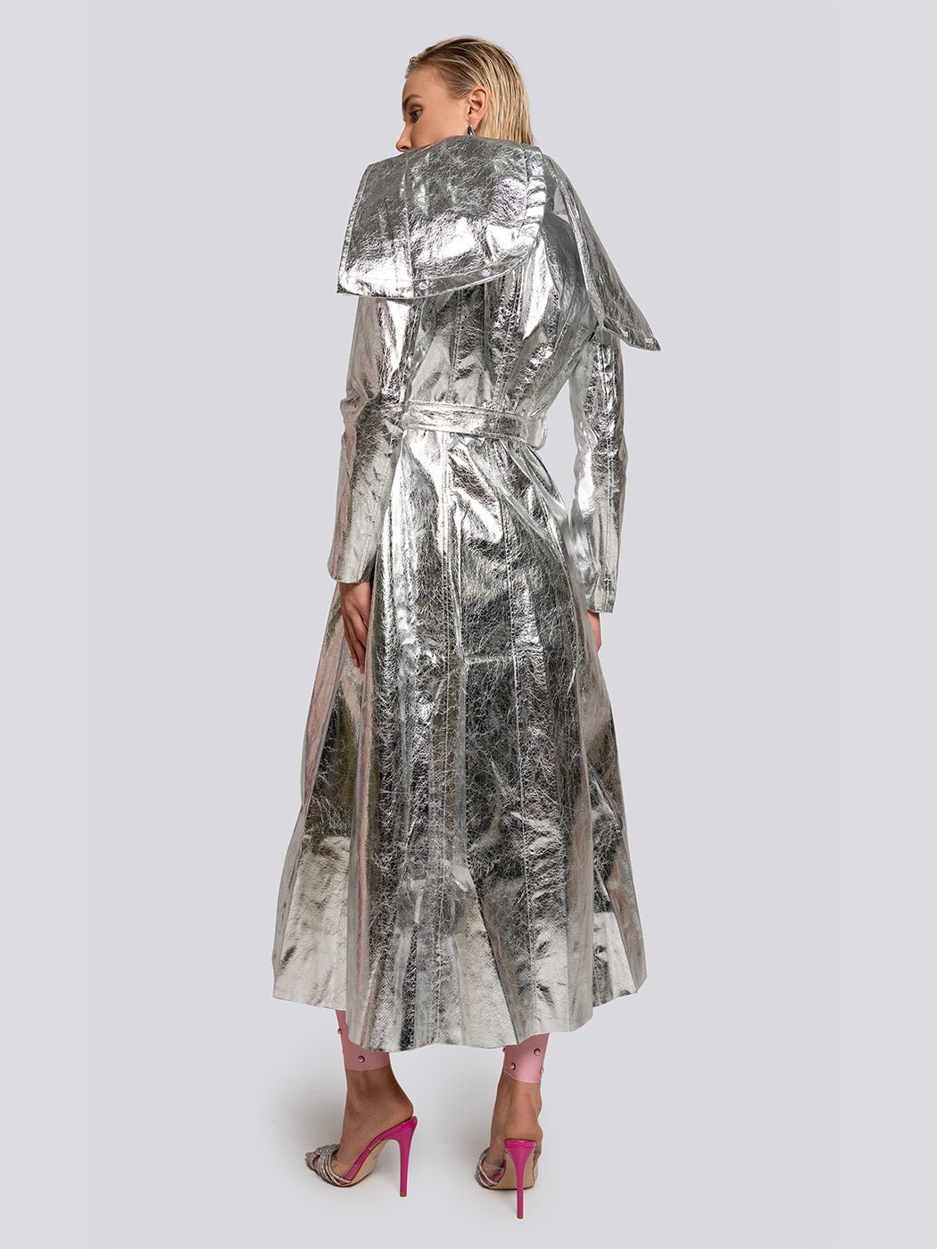 Ariel Metallic Sheen High Collar Belted Trench Coat - Glory Connection