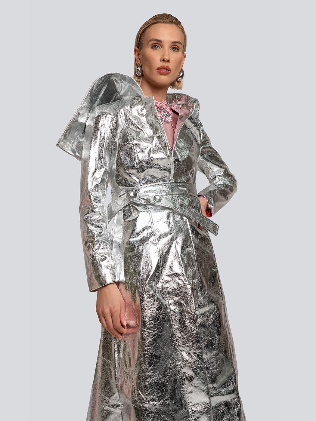 Ariel Metallic Sheen High Collar Belted Trench Coat - Glory Connection