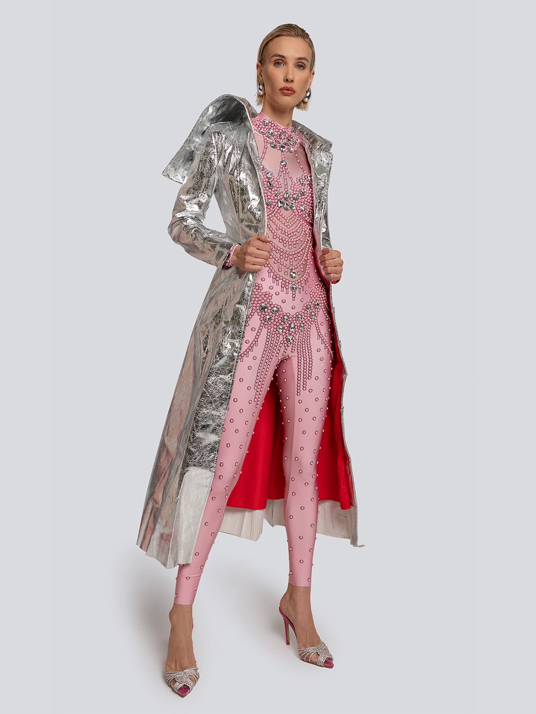 Ariel Metallic Sheen High Collar Belted Trench Coat - Glory Connection