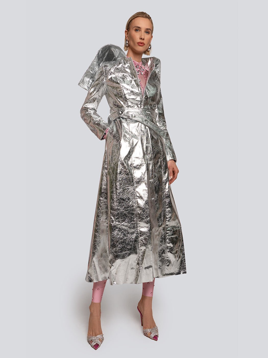 Ariel Metallic Sheen High Collar Belted Trench Coat - Glory Connection