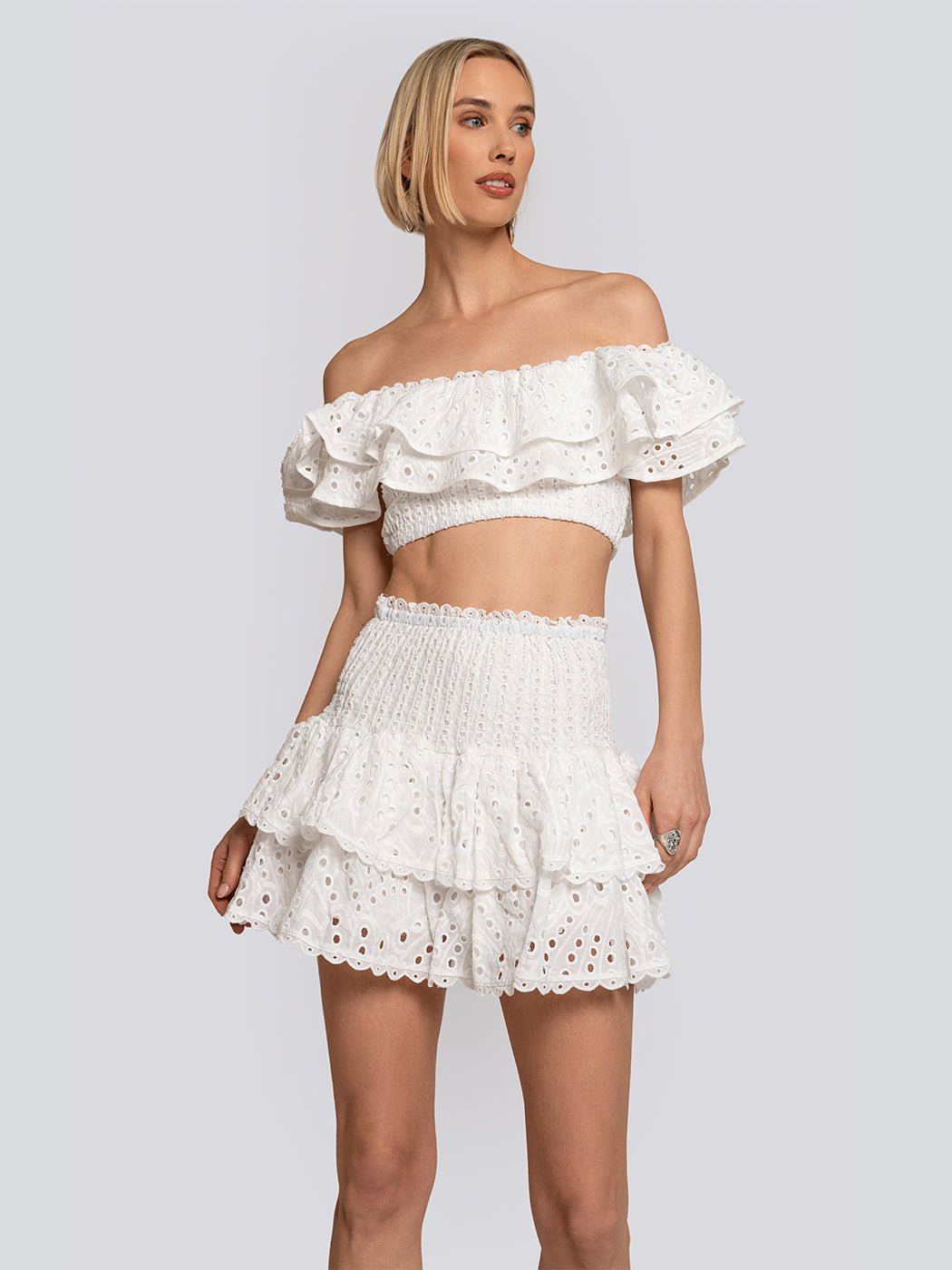 Ava Eyelet Lace Ruffle Crop Top & Mini Skirt Set - Glory Connection