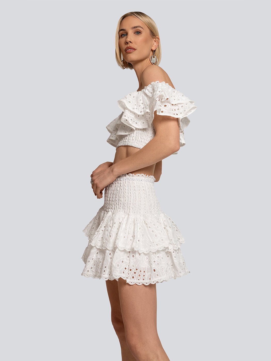 Ava Eyelet Lace Ruffle Crop Top & Mini Skirt Set - Glory Connection