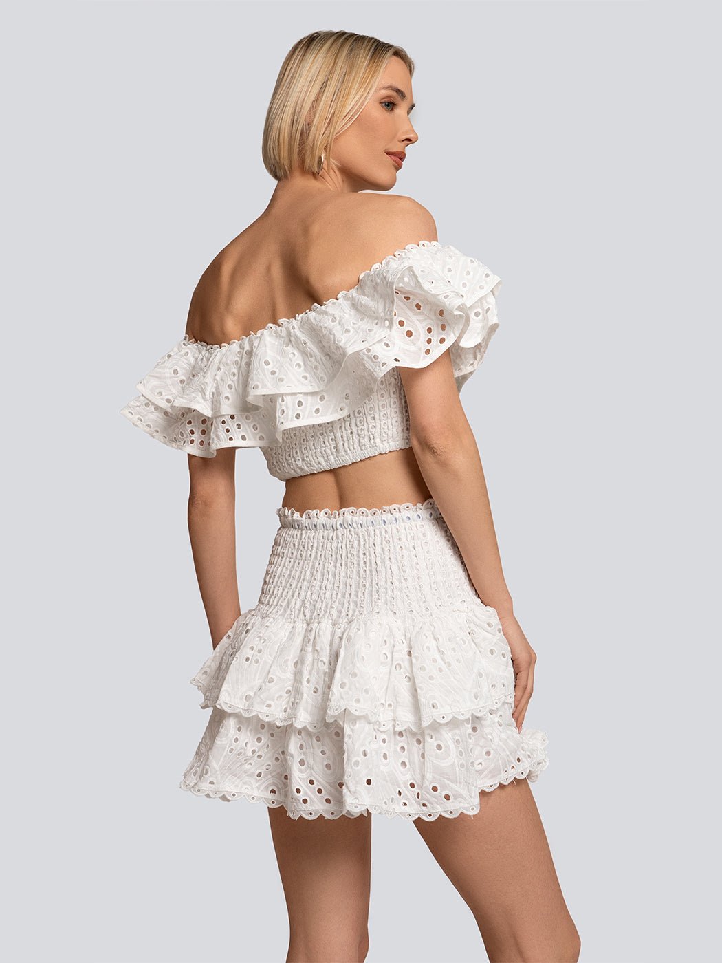 Ava Eyelet Lace Ruffle Crop Top & Mini Skirt Set - Glory Connection