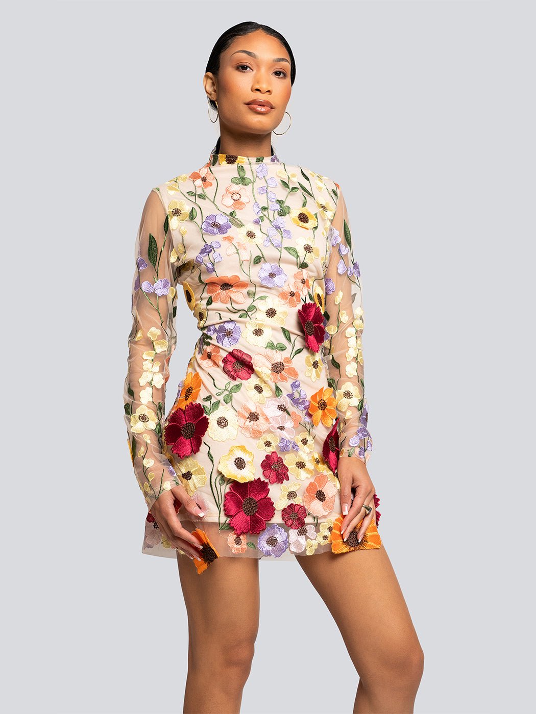 Avery Sheer Floral Embroidered Open Back Mini Dress - Glory Connection
