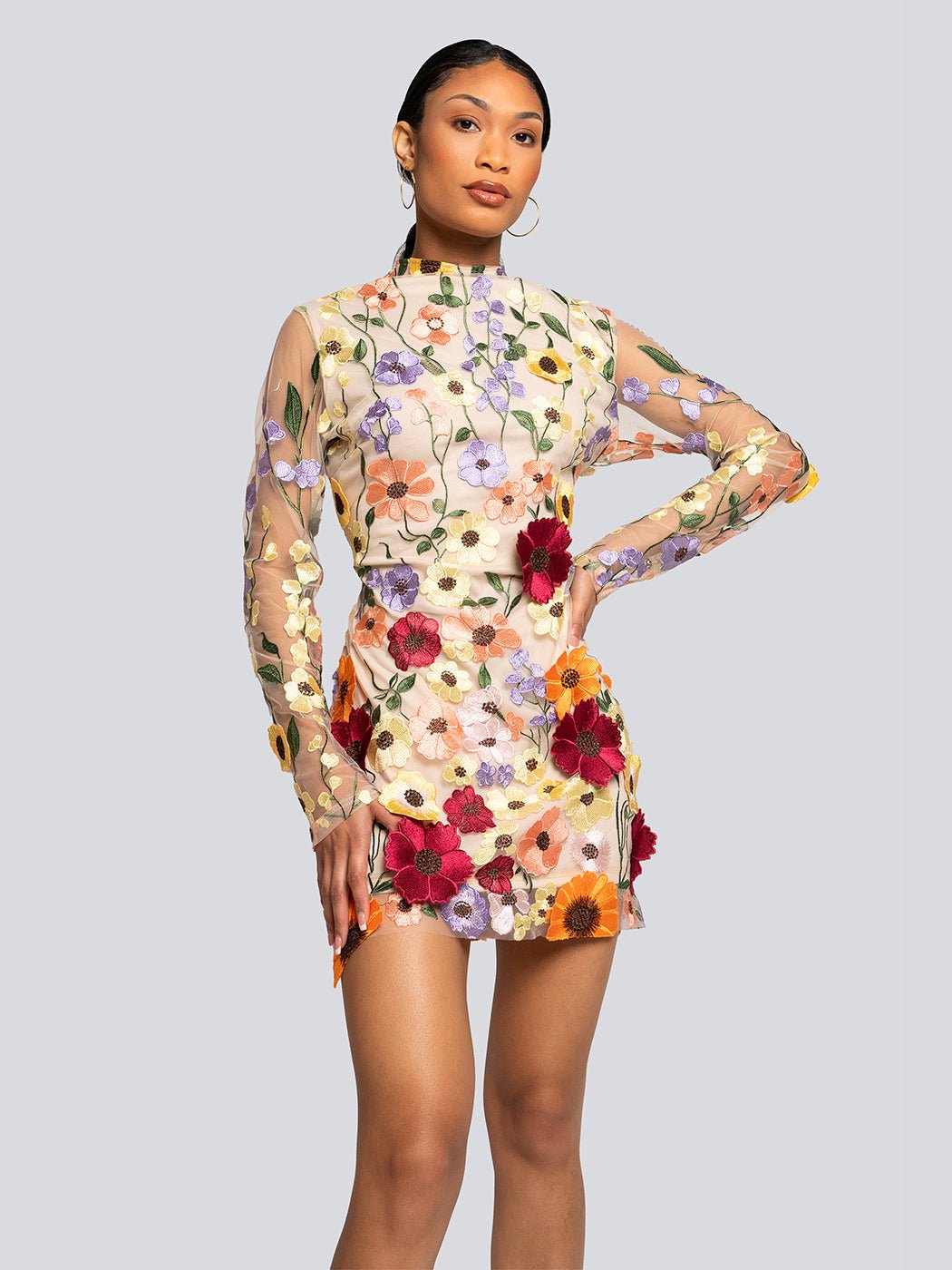 Avery Sheer Floral Embroidered Open Back Mini Dress - Glory Connection