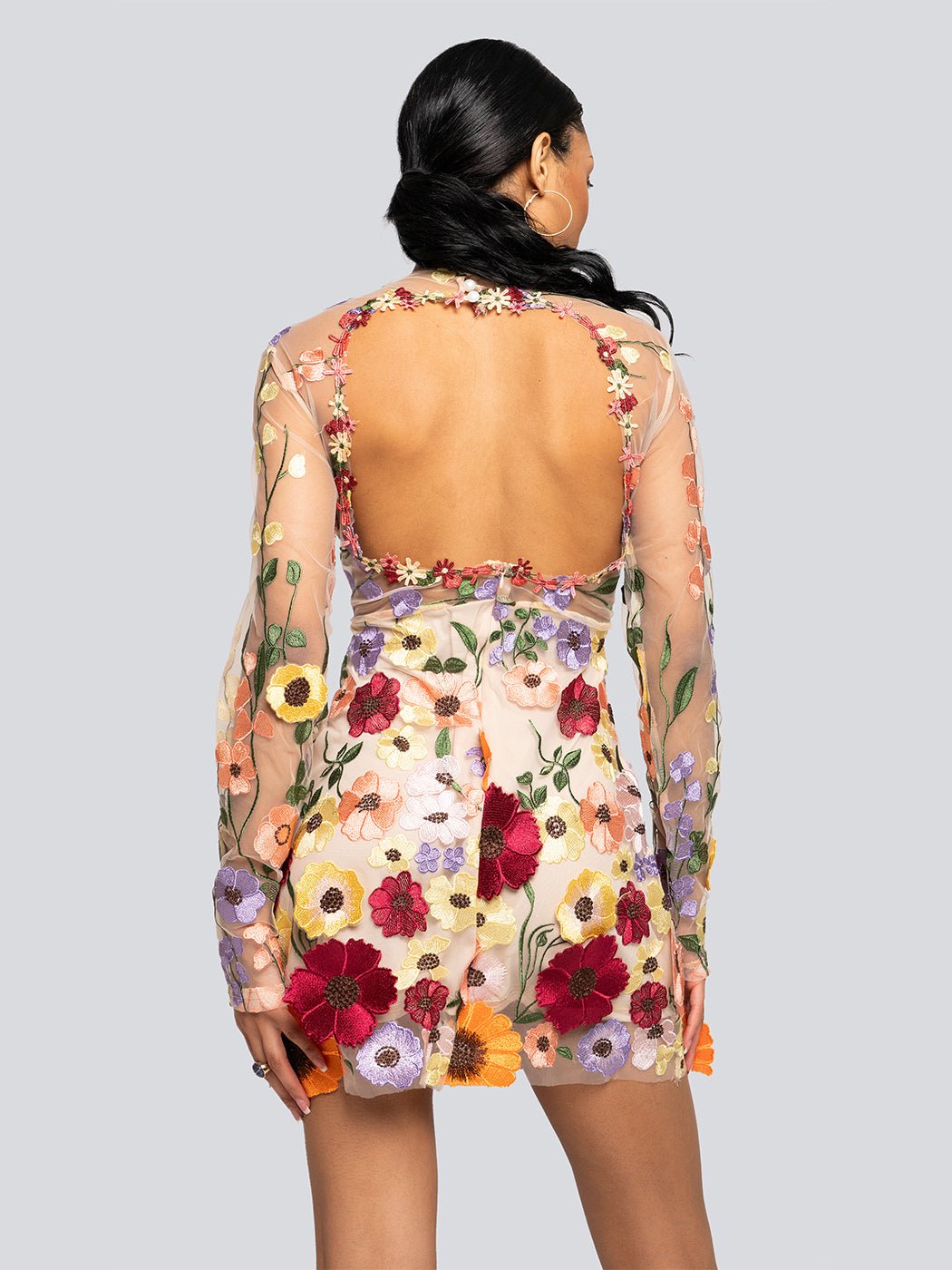 Avery Sheer Floral Embroidered Open Back Mini Dress - Glory Connection
