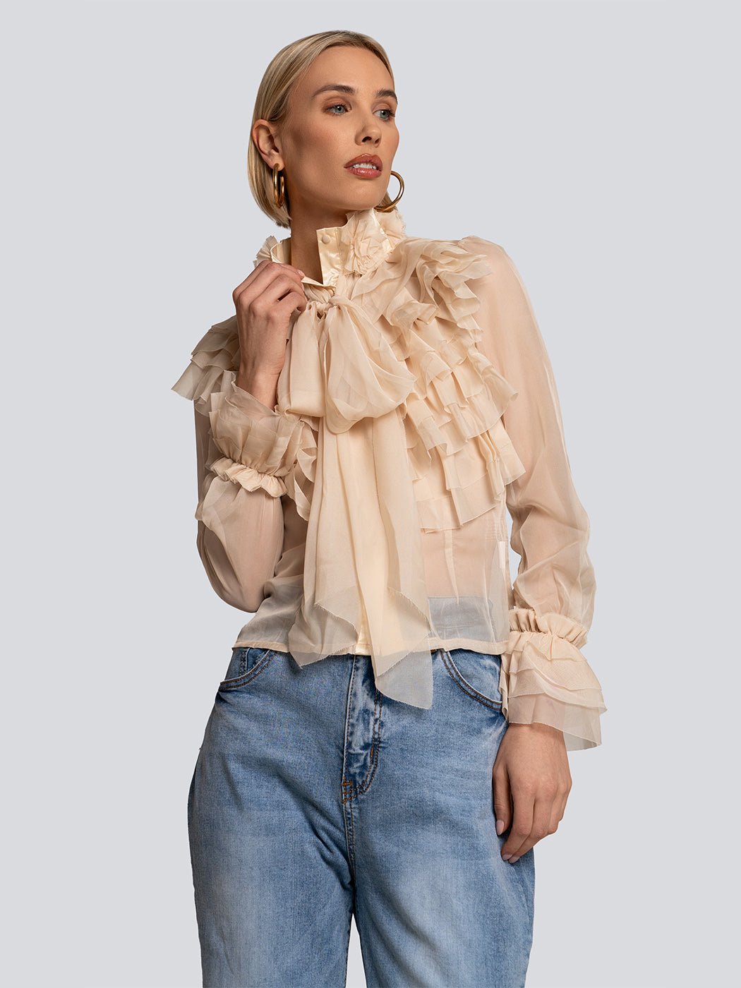 Bethany Floral Applique Sheer Ruffle Blouse - Glory Connection