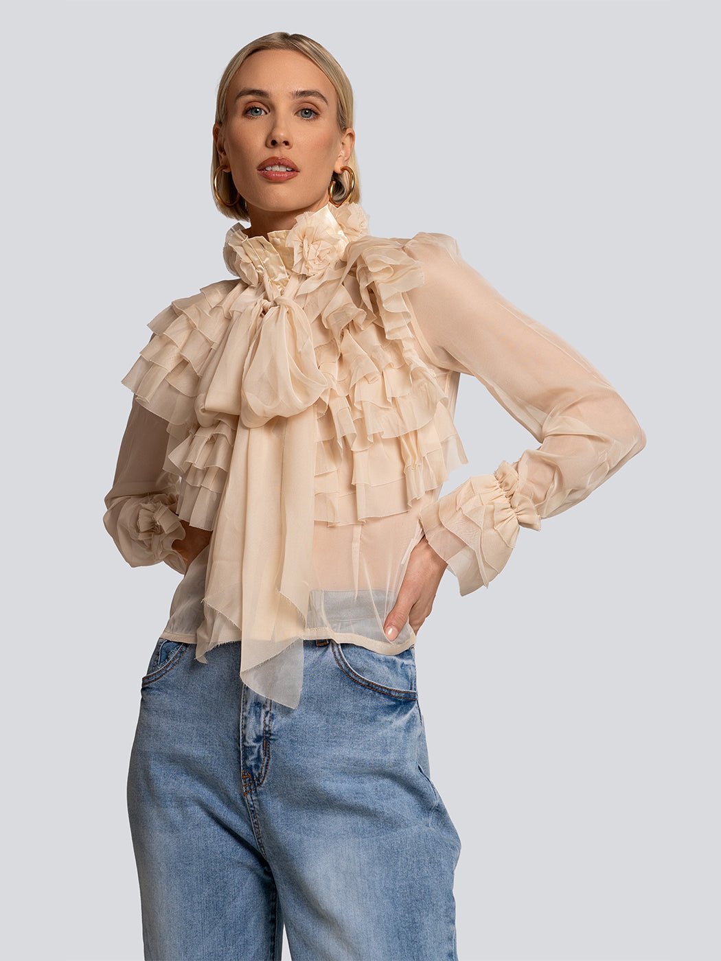 Bethany Floral Applique Sheer Ruffle Blouse - Glory Connection