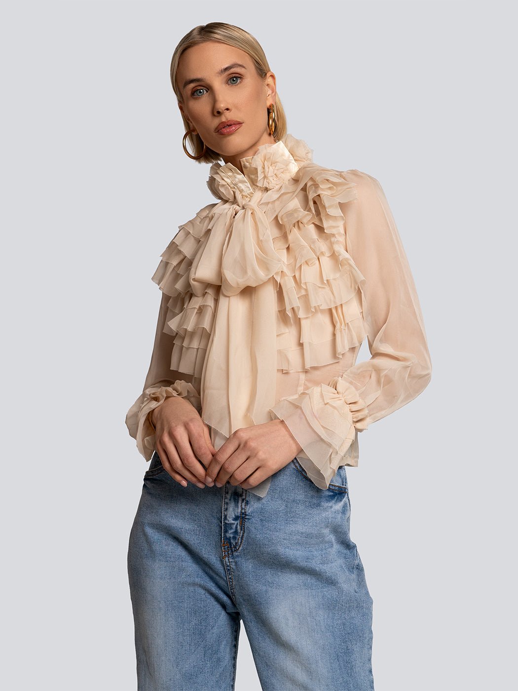 Bethany Floral Applique Sheer Ruffle Blouse - Glory Connection