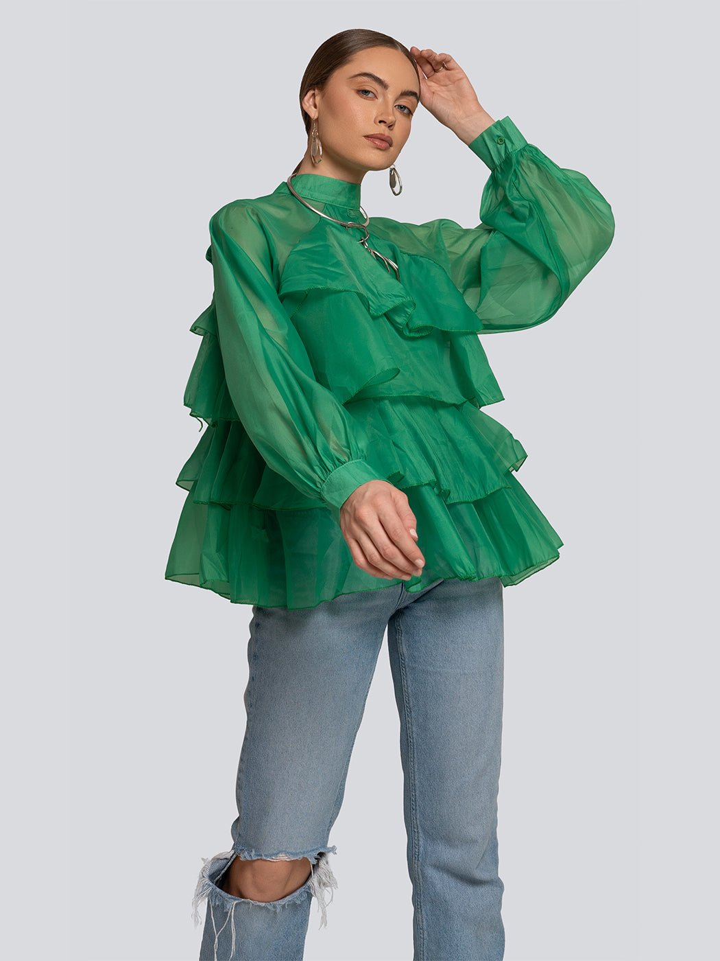 Brandy Cascade Ruffle High Neck Bow Detail Blouse - Glory Connection