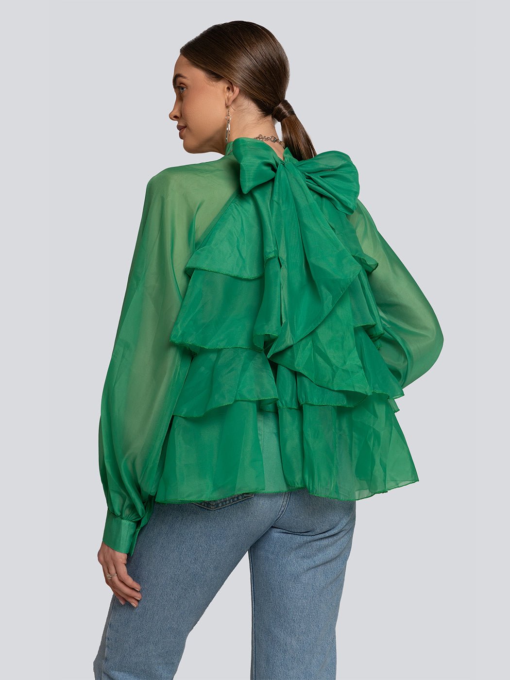 Brandy Cascade Ruffle High Neck Bow Detail Blouse - Glory Connection