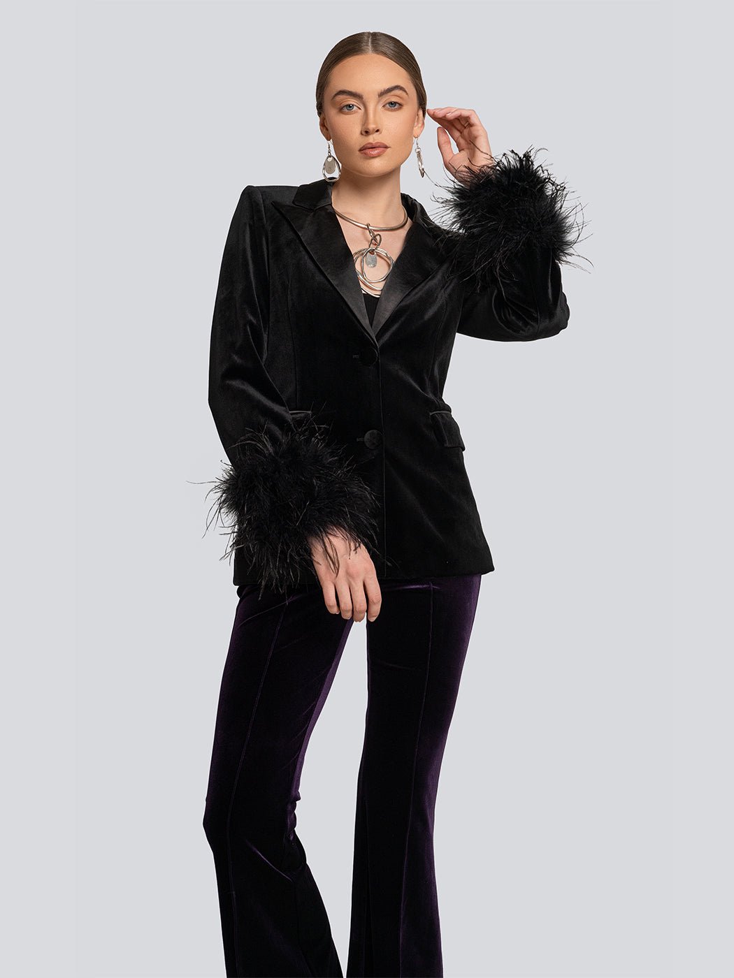 Britney Velvet Longline Feather Cuff Blazer - Glory Connection