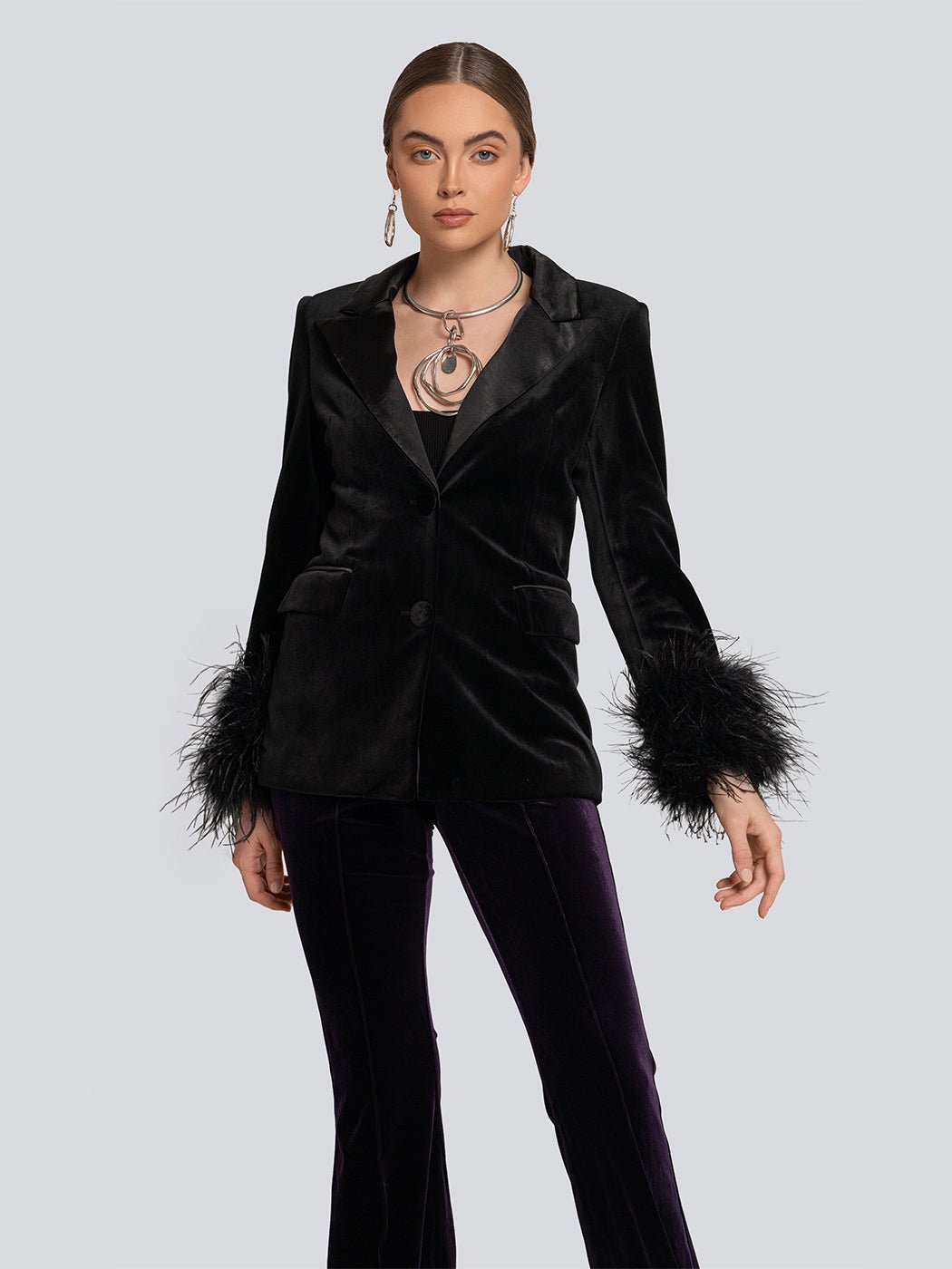 Britney Velvet Longline Feather Cuff Blazer - Glory Connection