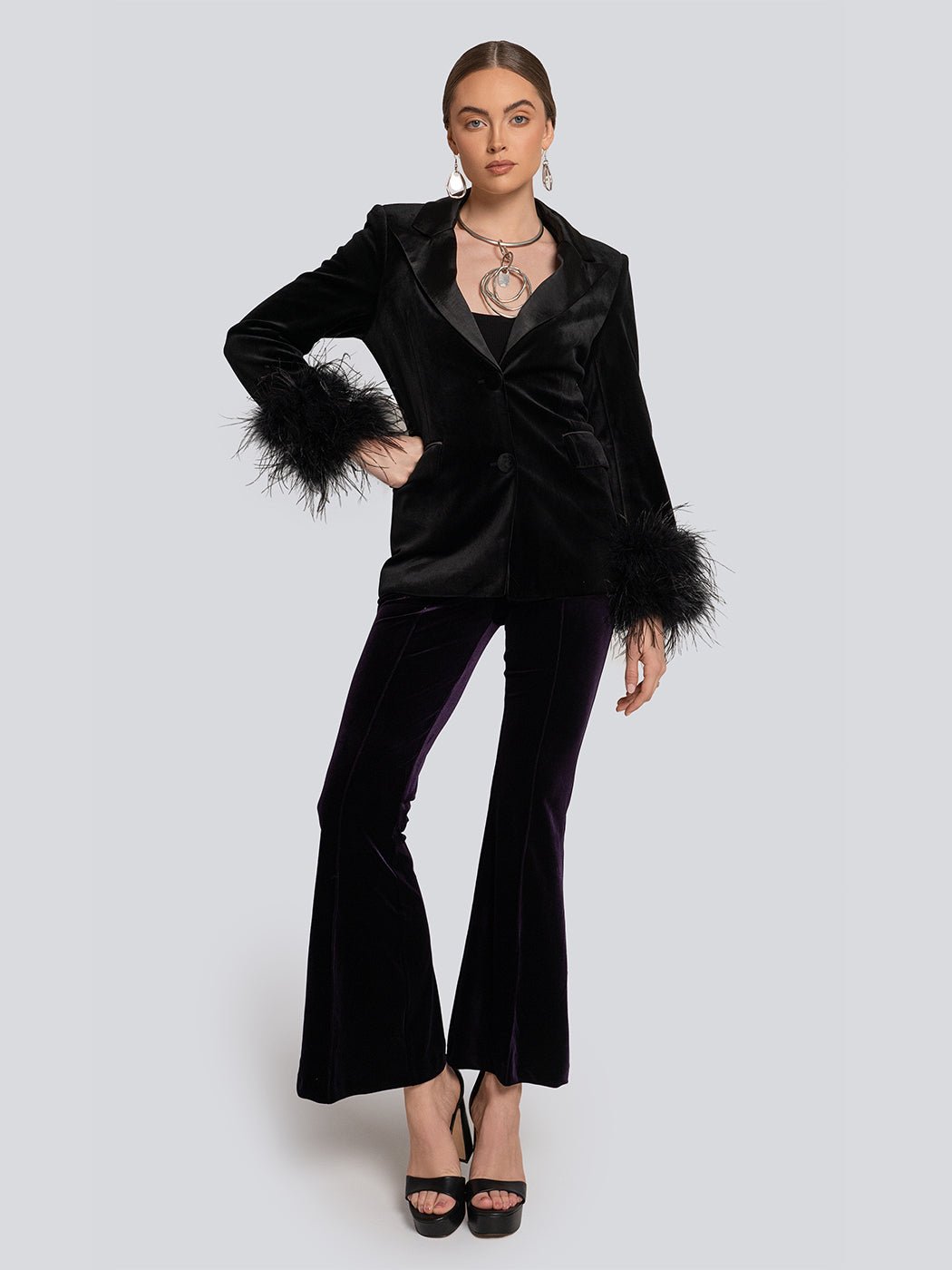 Britney Velvet Longline Feather Cuff Blazer - Glory Connection