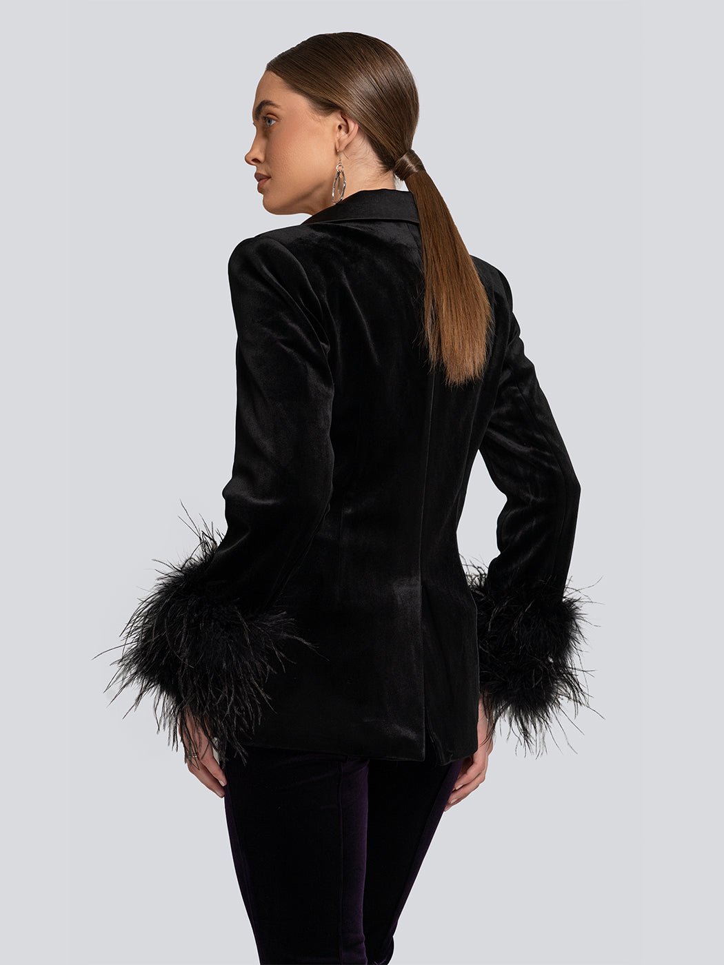 Britney Velvet Longline Feather Cuff Blazer - Glory Connection