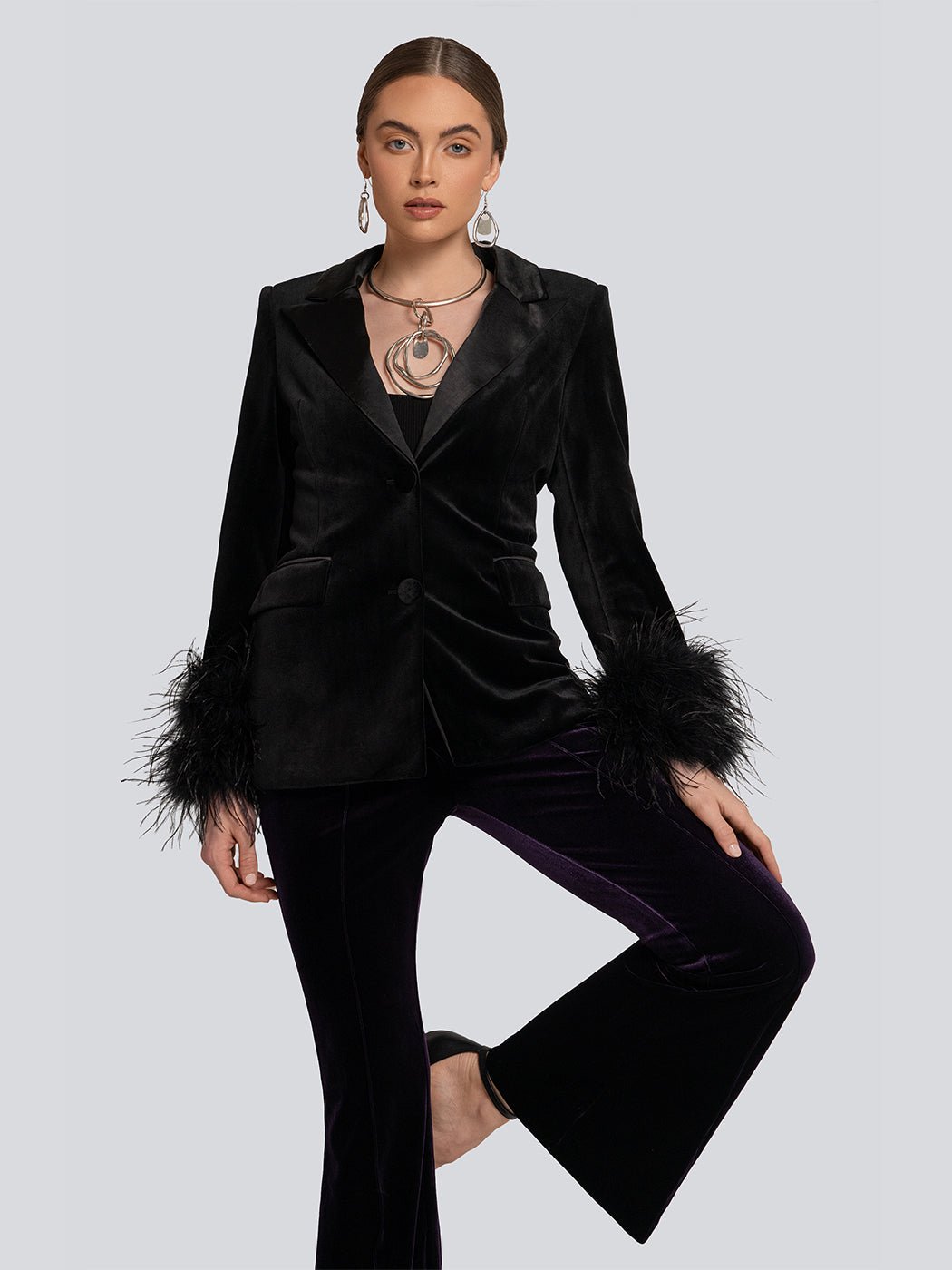 Britney Velvet Longline Feather Cuff Blazer - Glory Connection