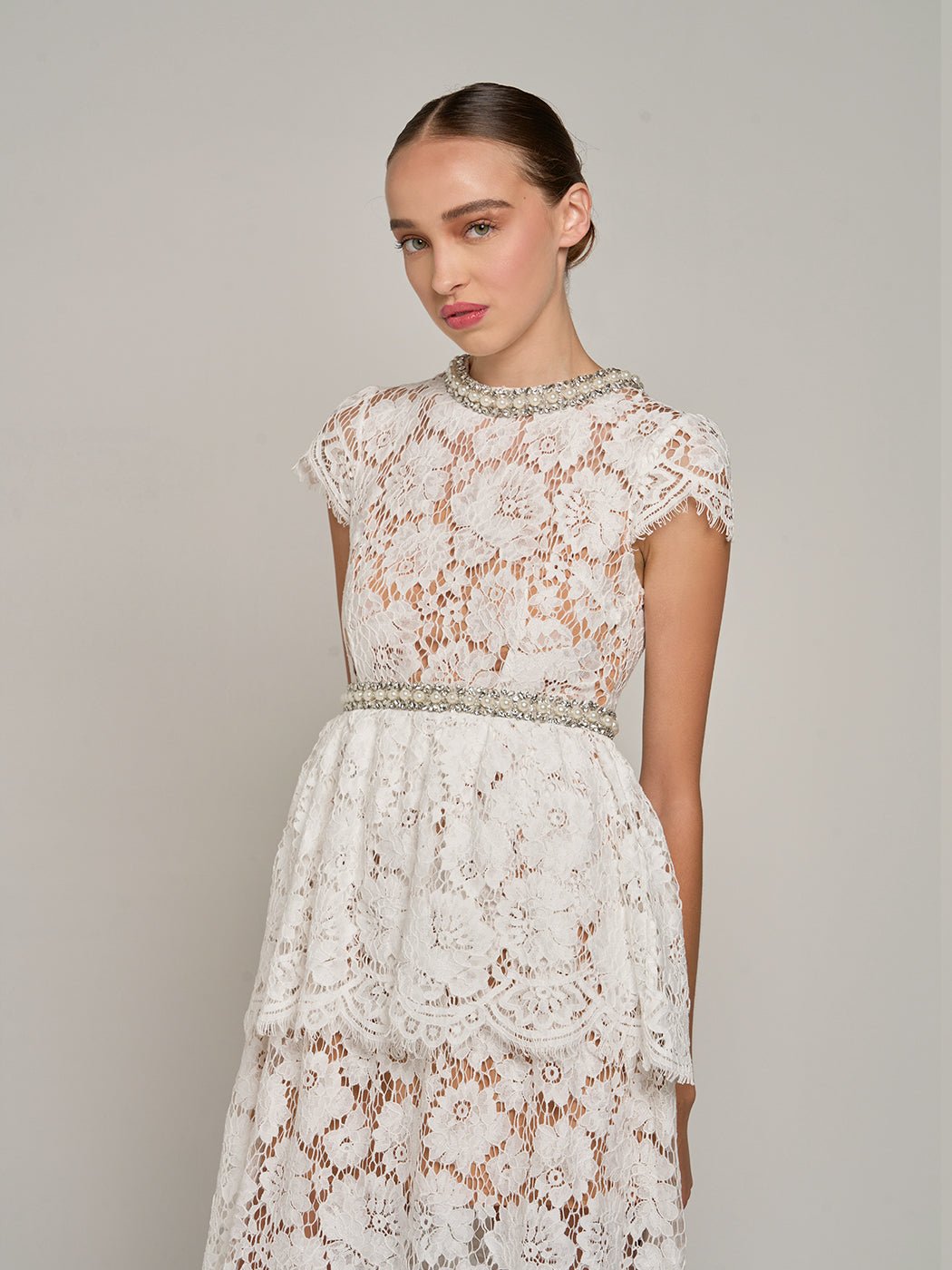 Calliope Short - Sleeve Beaded Lace Maxi Dress in white - Glory Connection