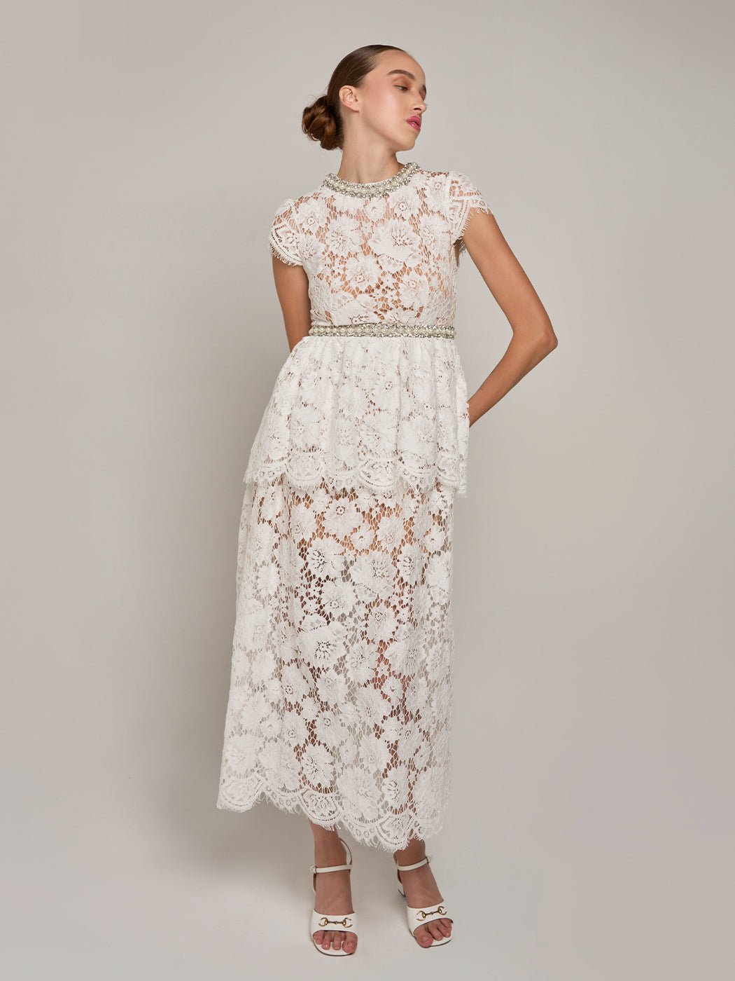Calliope Short - Sleeve Beaded Lace Maxi Dress in white - Glory Connection