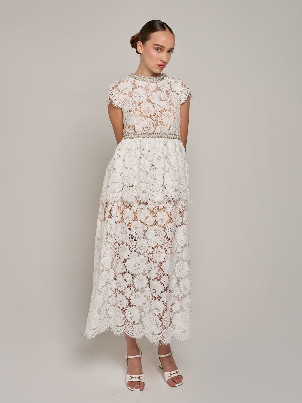 Calliope Short - Sleeve Beaded Lace Maxi Dress in white - Glory Connection