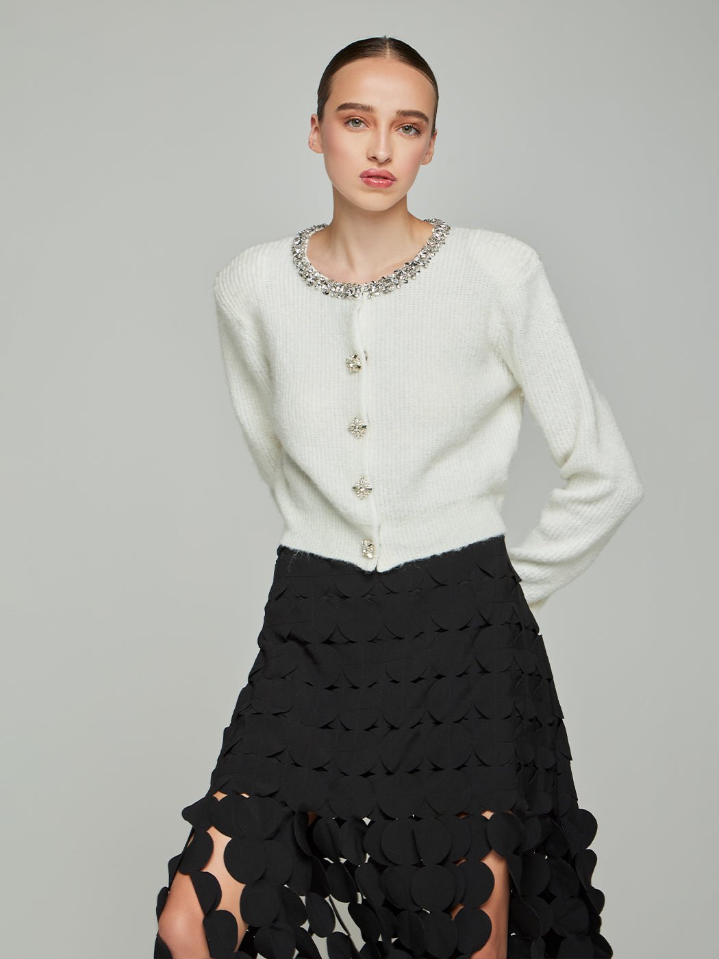 Carla Embellished Collar Cardigan in white - Glory Connection