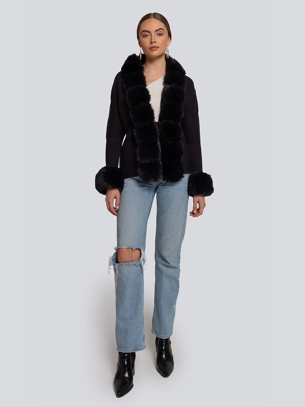 Clara Faux Fur Trim Ribbed Knit Cardigan - Glory Connection