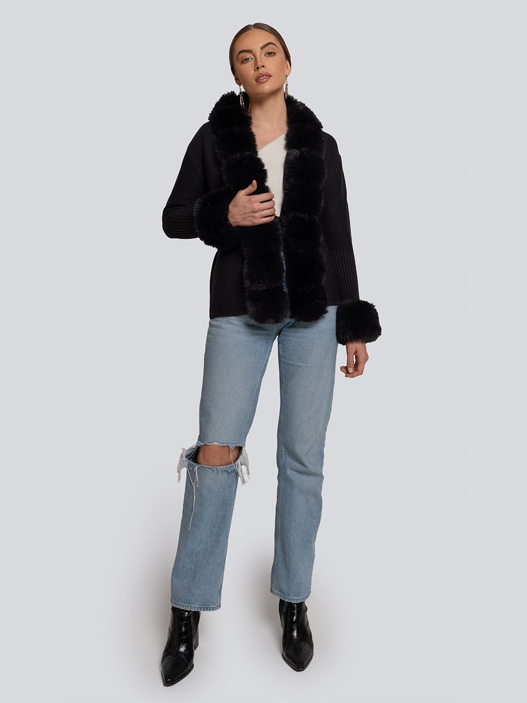 Clara Faux Fur Trim Ribbed Knit Cardigan - Glory Connection