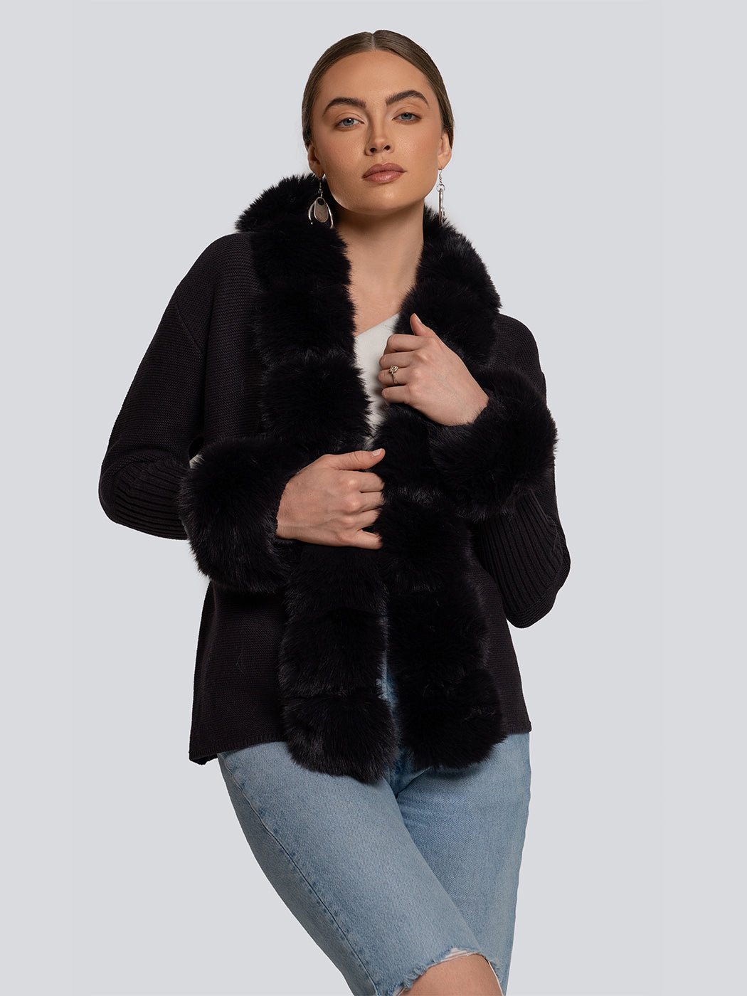 Clara Faux Fur Trim Ribbed Knit Cardigan - Glory Connection