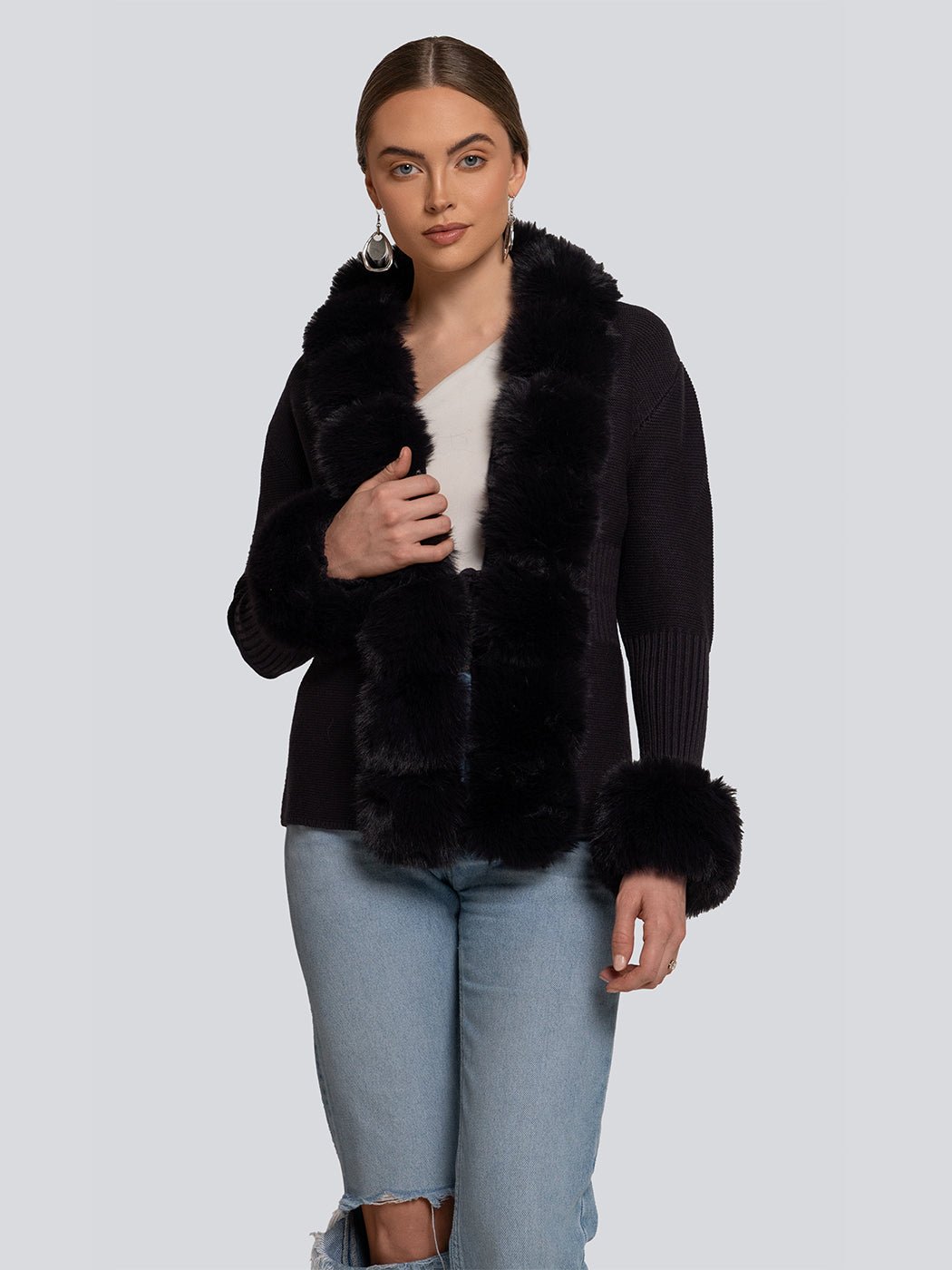 Clara Faux Fur Trim Ribbed Knit Cardigan - Glory Connection