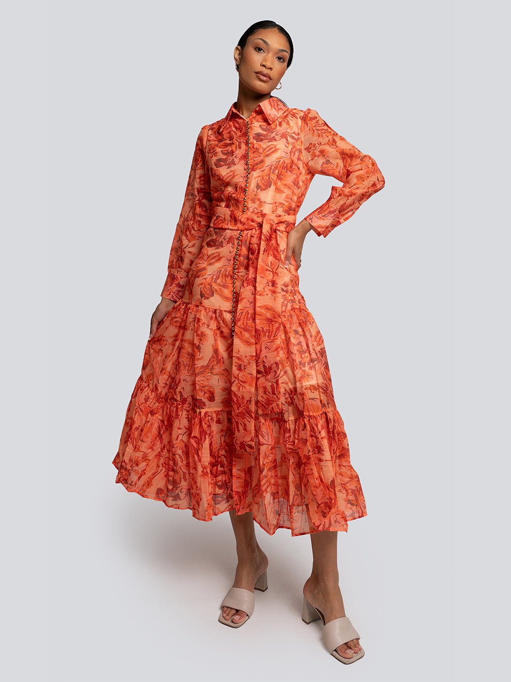 Delilah Printed High Collar Buttoned Midi Dress - Glory Connection