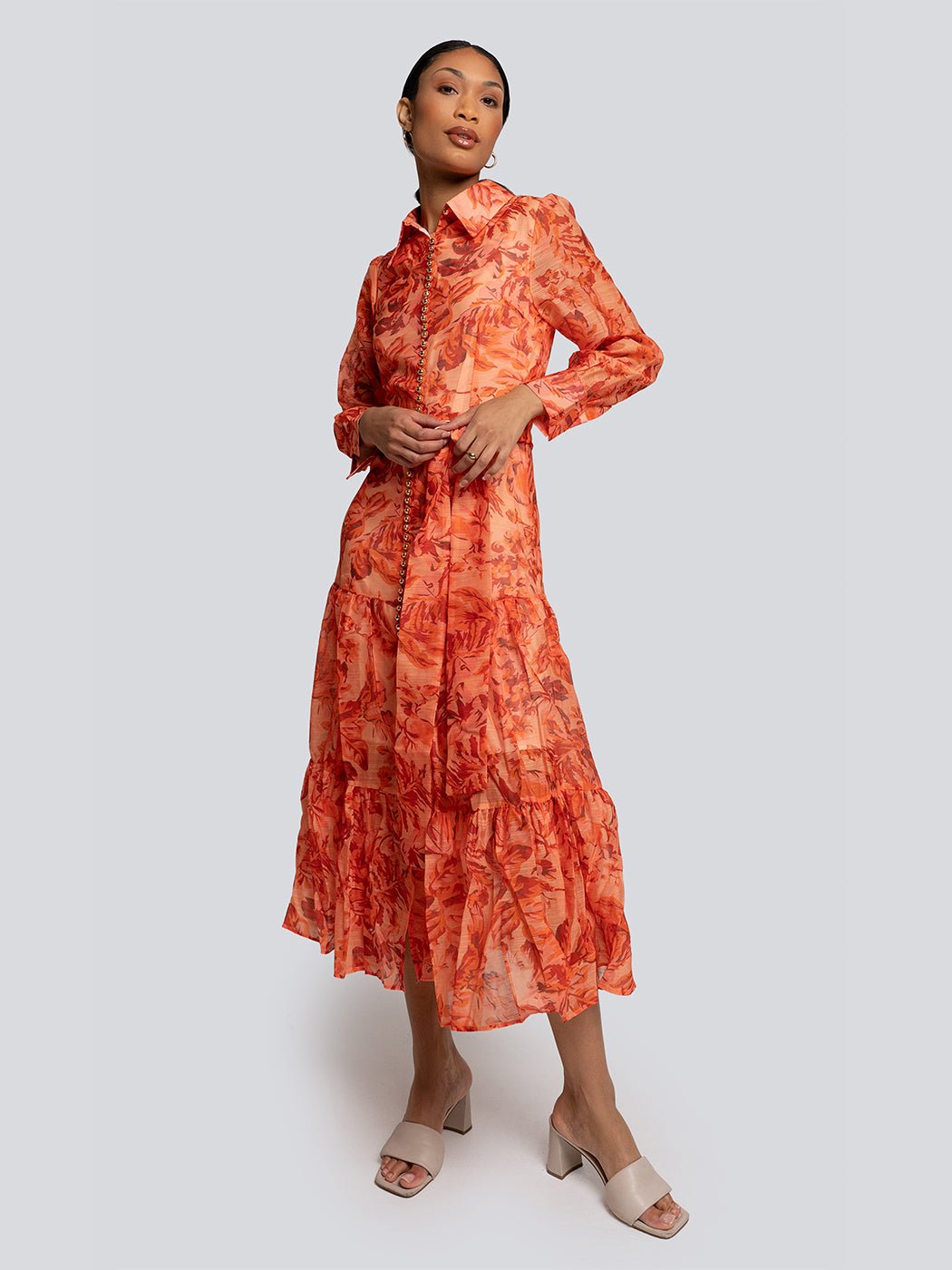 Delilah Printed High Collar Buttoned Midi Dress - Glory Connection