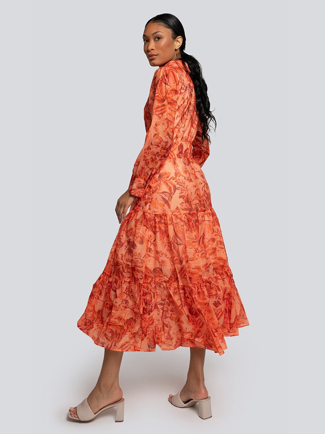Delilah Printed High Collar Buttoned Midi Dress - Glory Connection