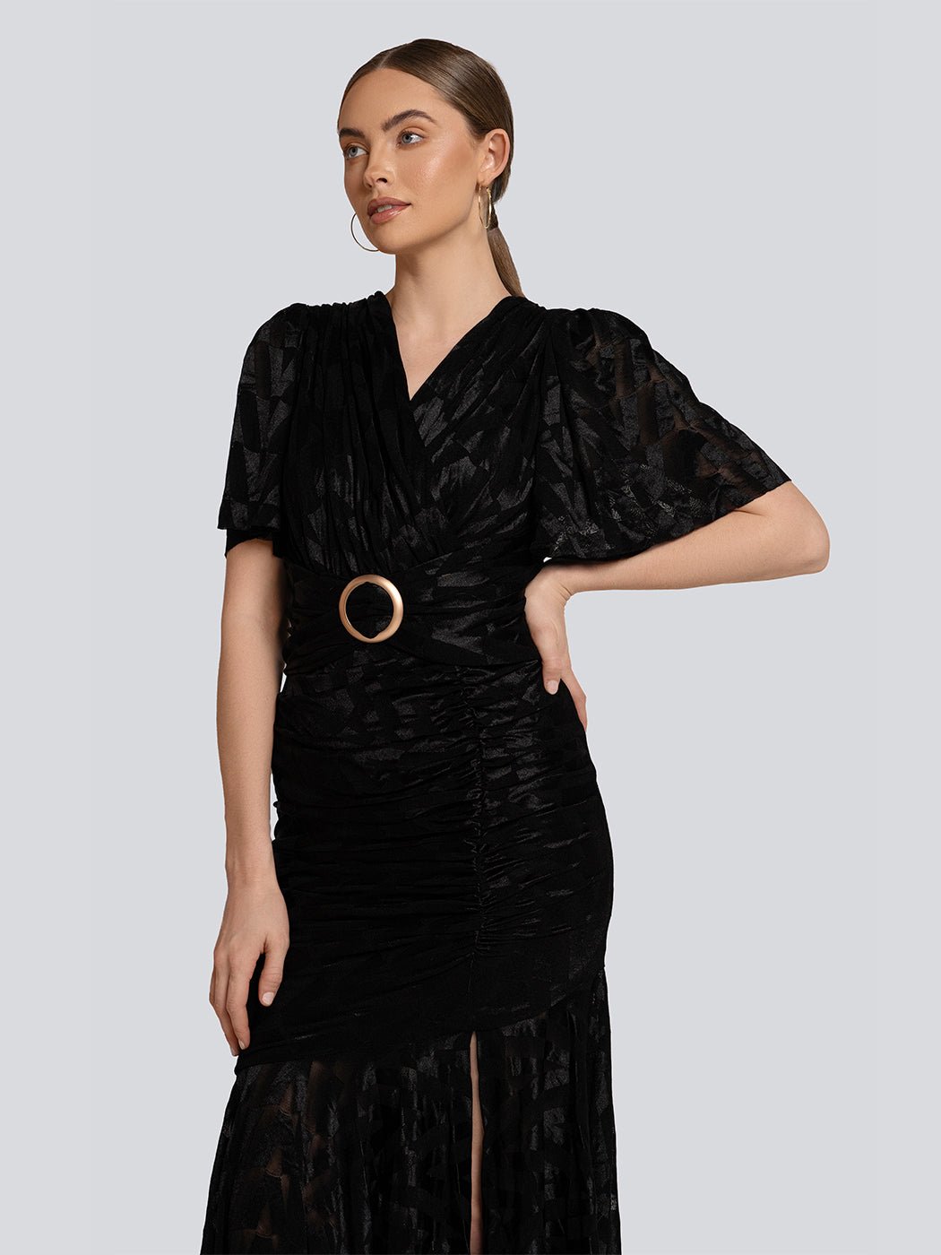 Diana Velvet Geometric Belted V Neck Maxi Dress - Glory Connection