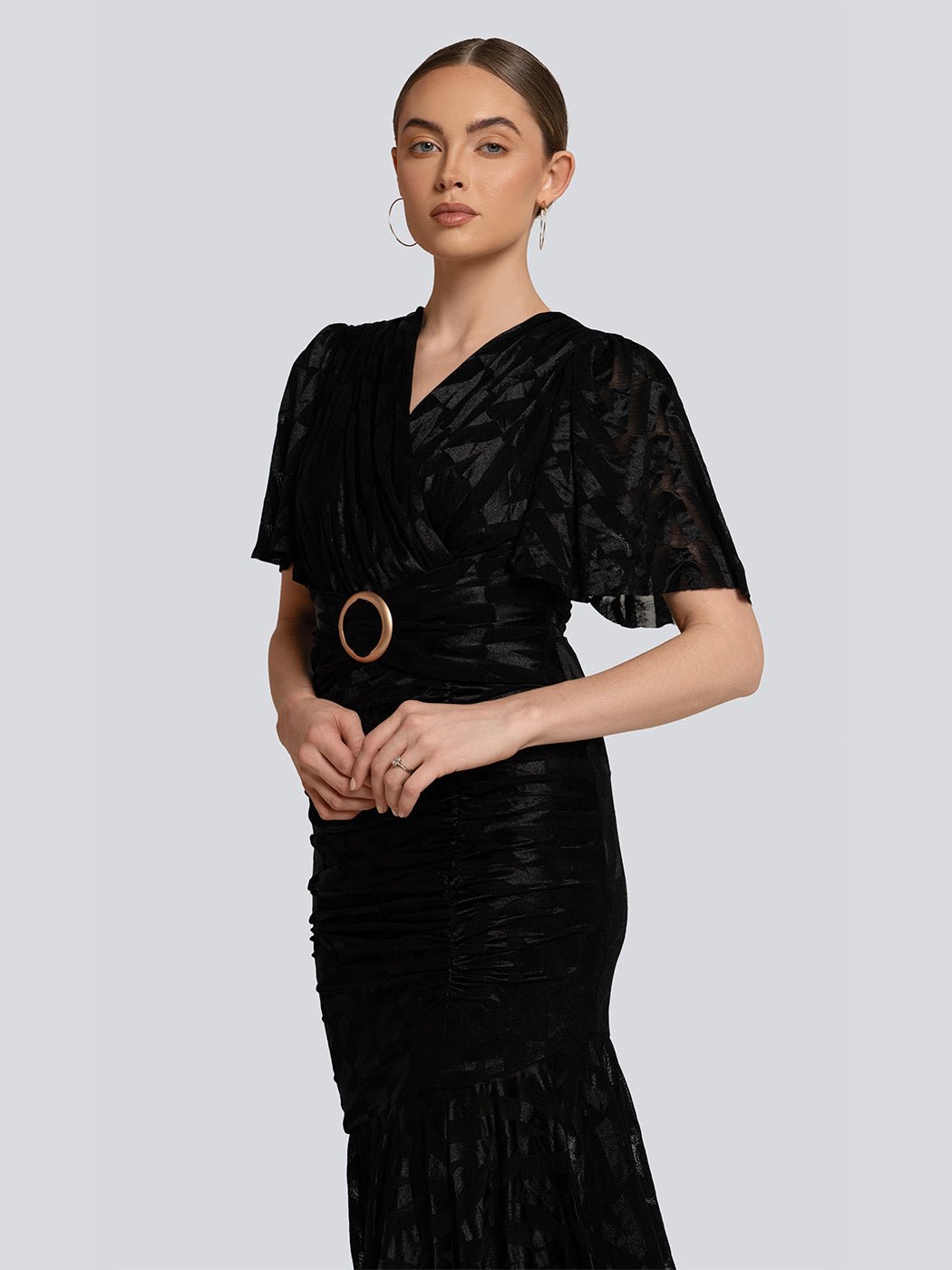 Diana Velvet Geometric Belted V Neck Maxi Dress - Glory Connection