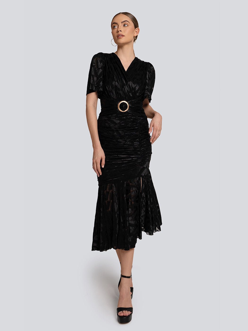 Diana Velvet Geometric Belted V Neck Maxi Dress - Glory Connection