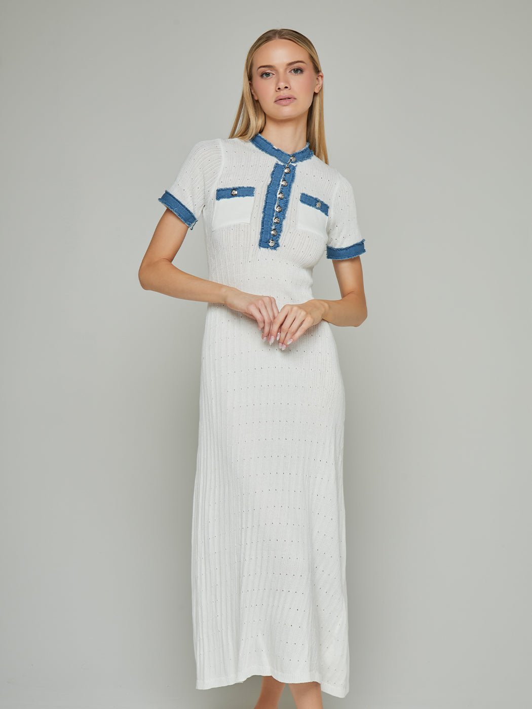 Essenia Denim Edging Buttoned Maxi Dress - Glory Connection