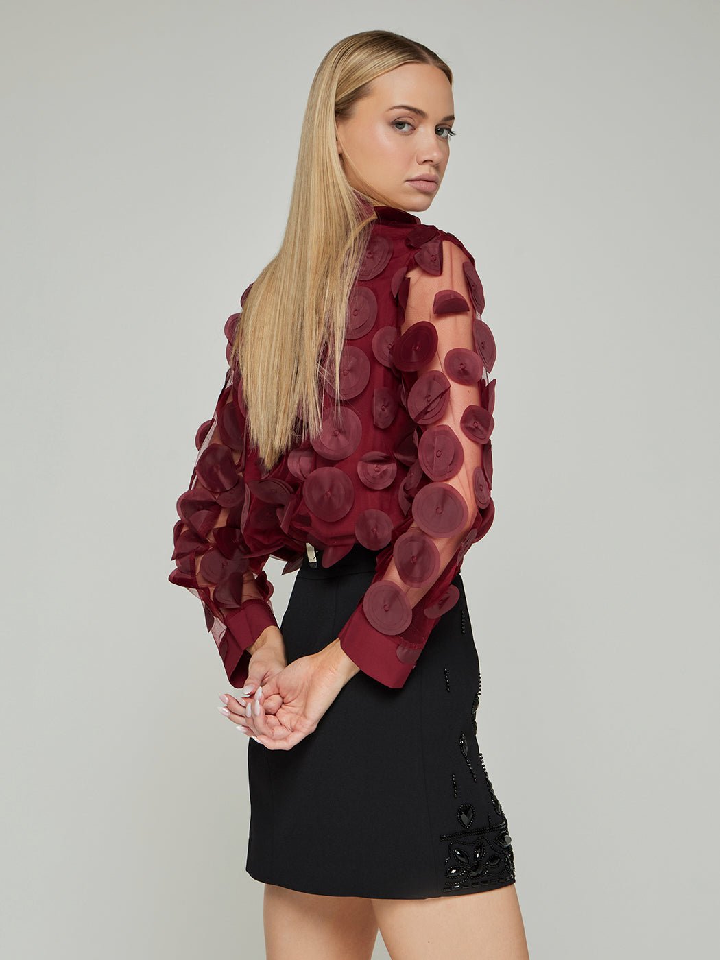 Genia Patchwork Mesh Long - Sleeve Blouse - Glory Connection