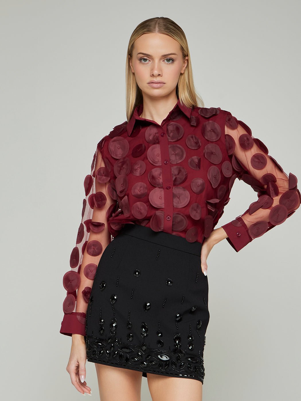 Genia Patchwork Mesh Long - Sleeve Blouse - Glory Connection