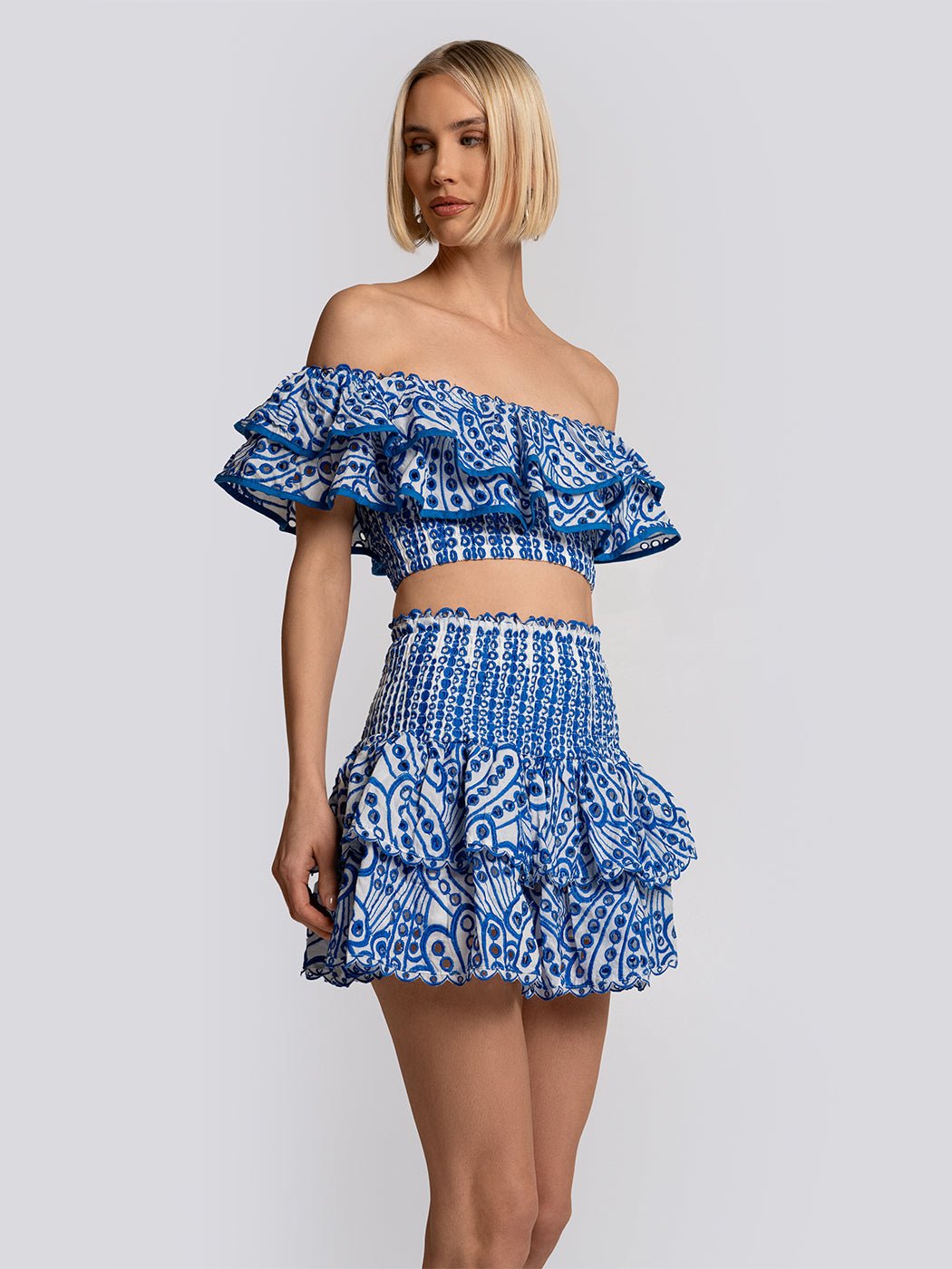 Grace Patterned Off Shoulder Ruffle Top & Mini Skirt Set - Glory Connection