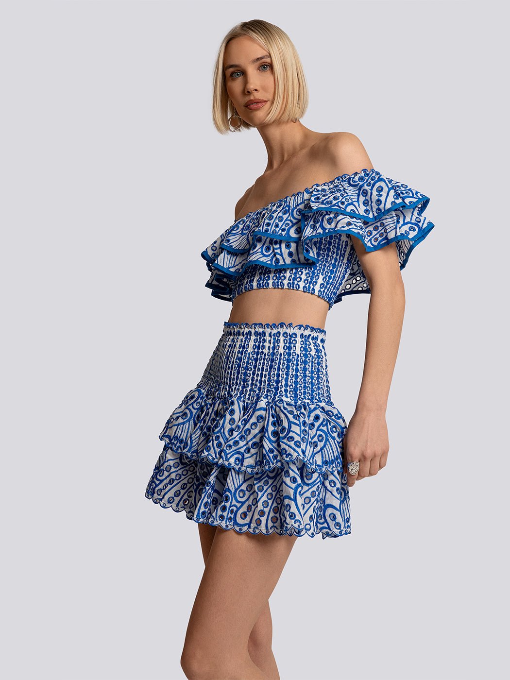 Grace Patterned Off Shoulder Ruffle Top & Mini Skirt Set - Glory Connection